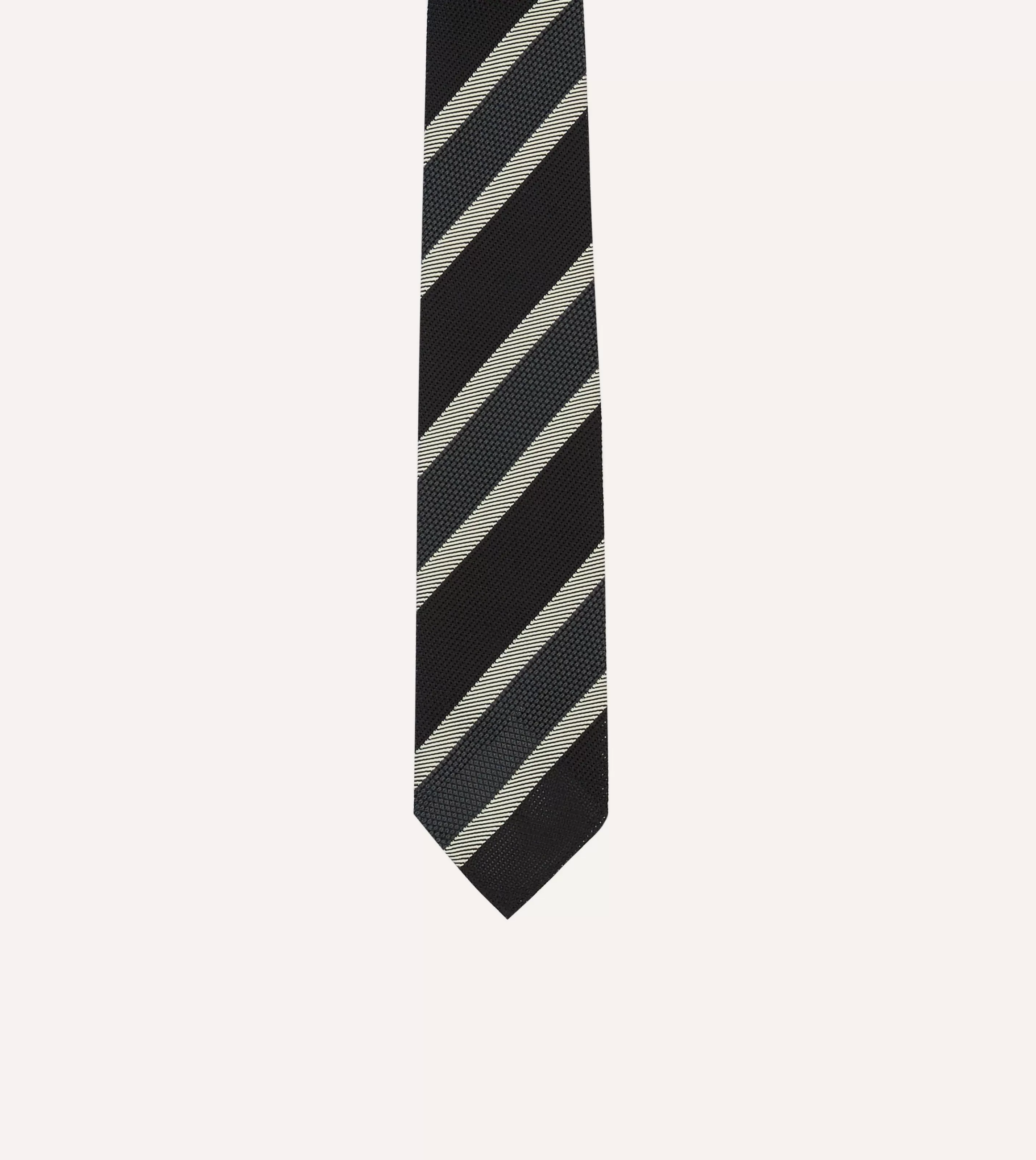 Drake’s Striped Ties | Black, White And Grey Multi Stripe Hand Rolled Silk Grenadine Tie