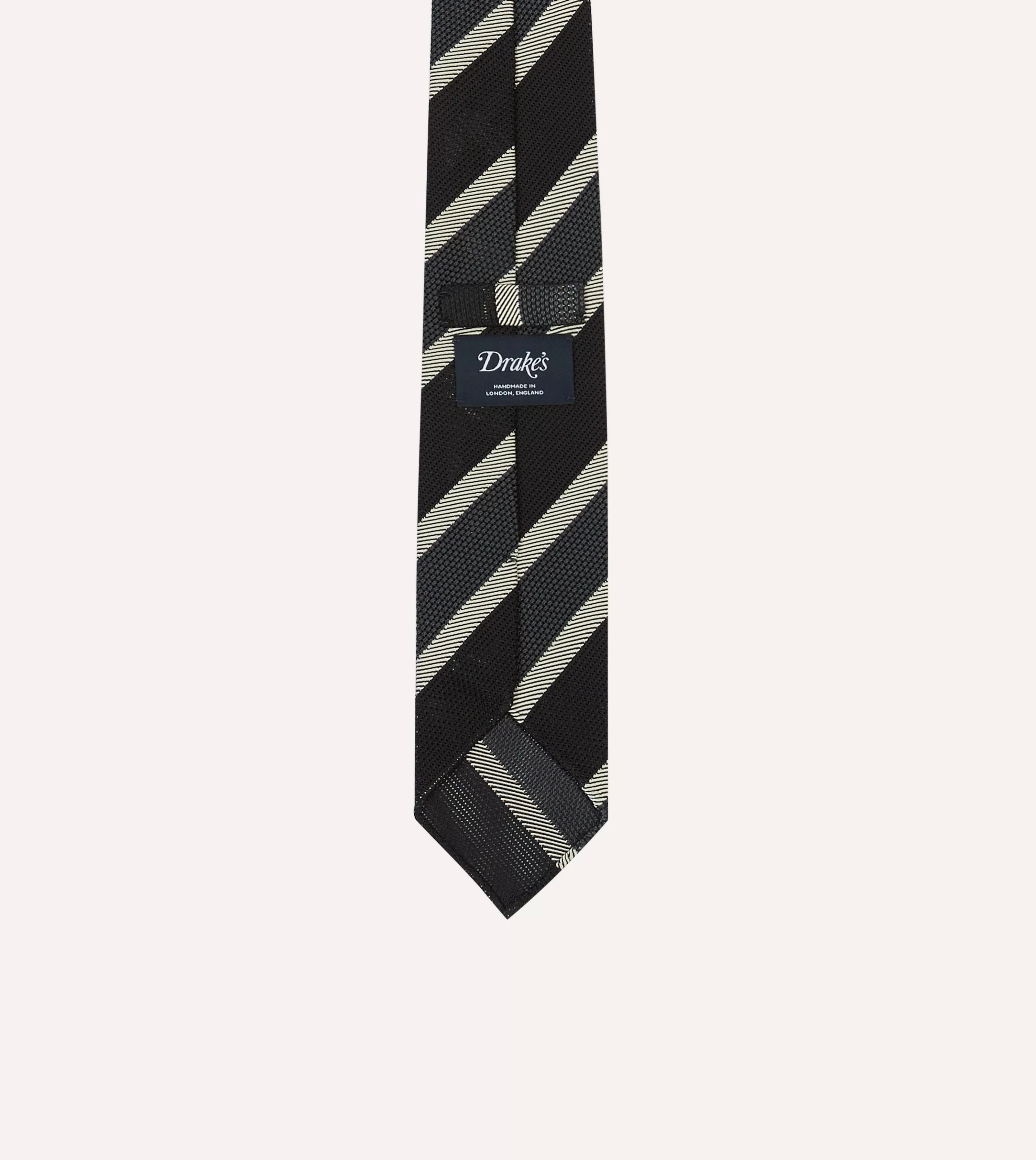 Drake’s Striped Ties | Black, White And Grey Multi Stripe Hand Rolled Silk Grenadine Tie