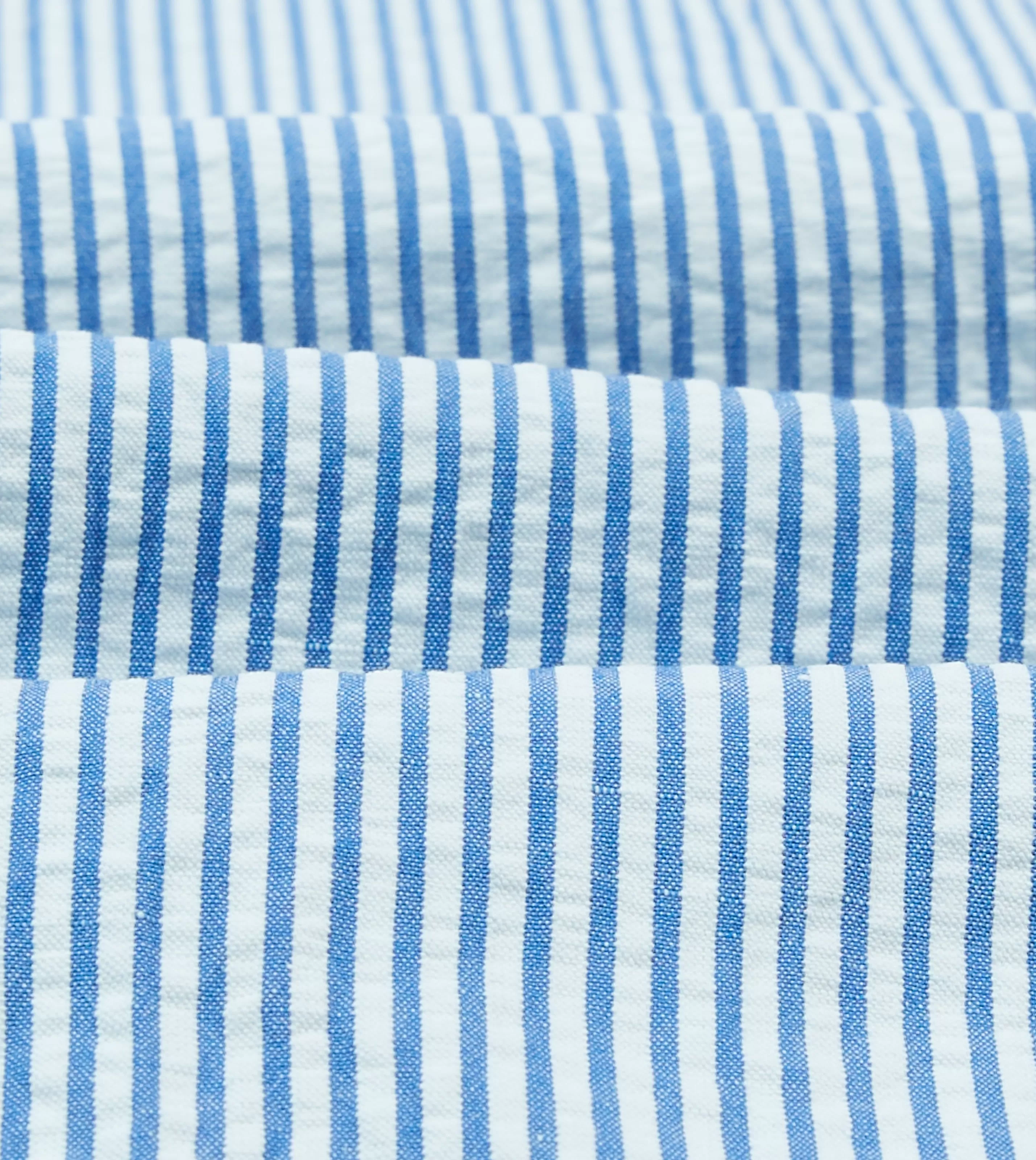 Drake’s Shirts | Short Sleeve Shirts | Blue And White Stripe Cotton-Linen Seersucker Camp Collar Short Sleeve Shirt