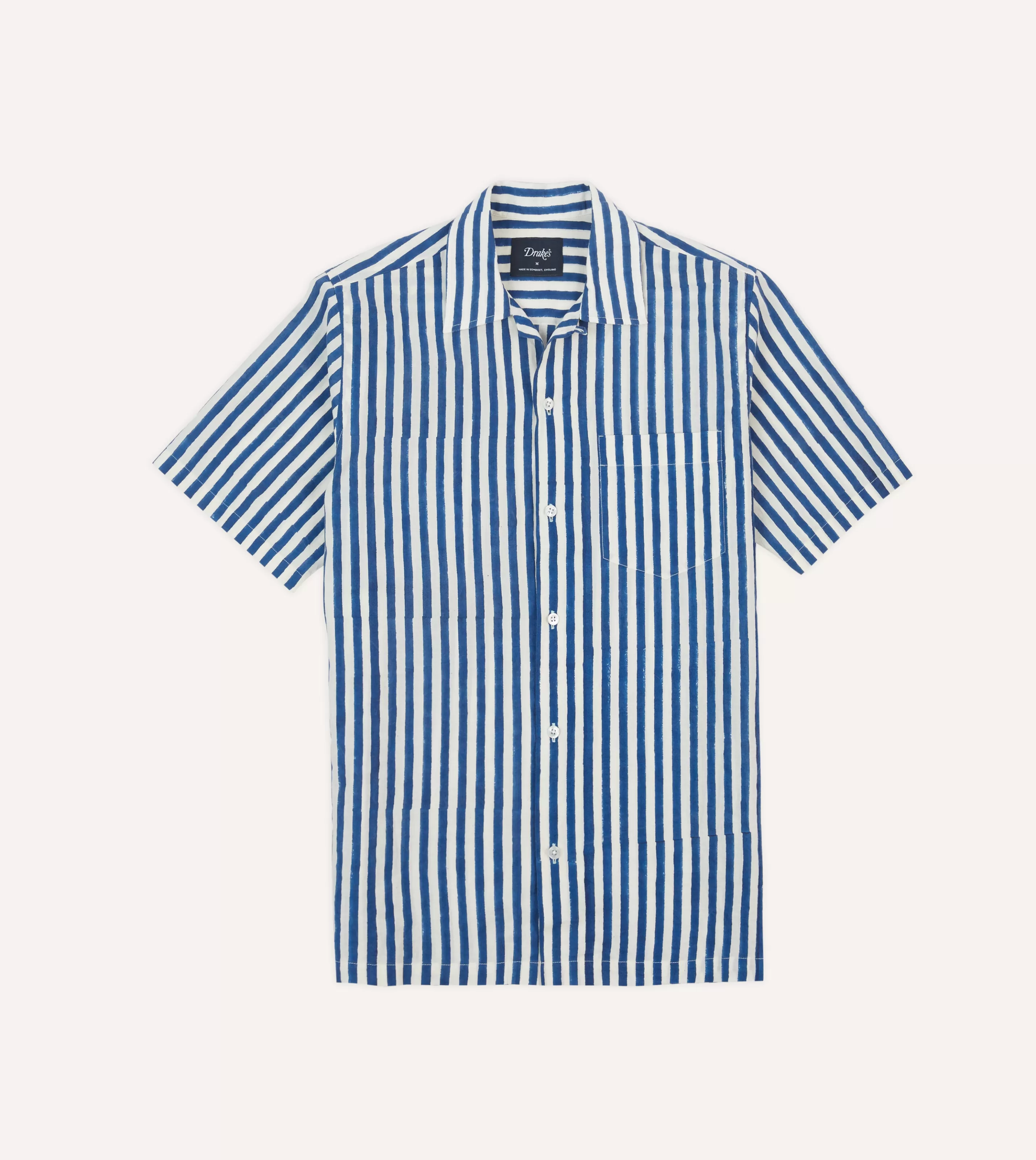 Drake’s Shirts | Short Sleeve Shirts | Blue Stripe Block Print Cotton Camp Collar Short Sleeve Shirt