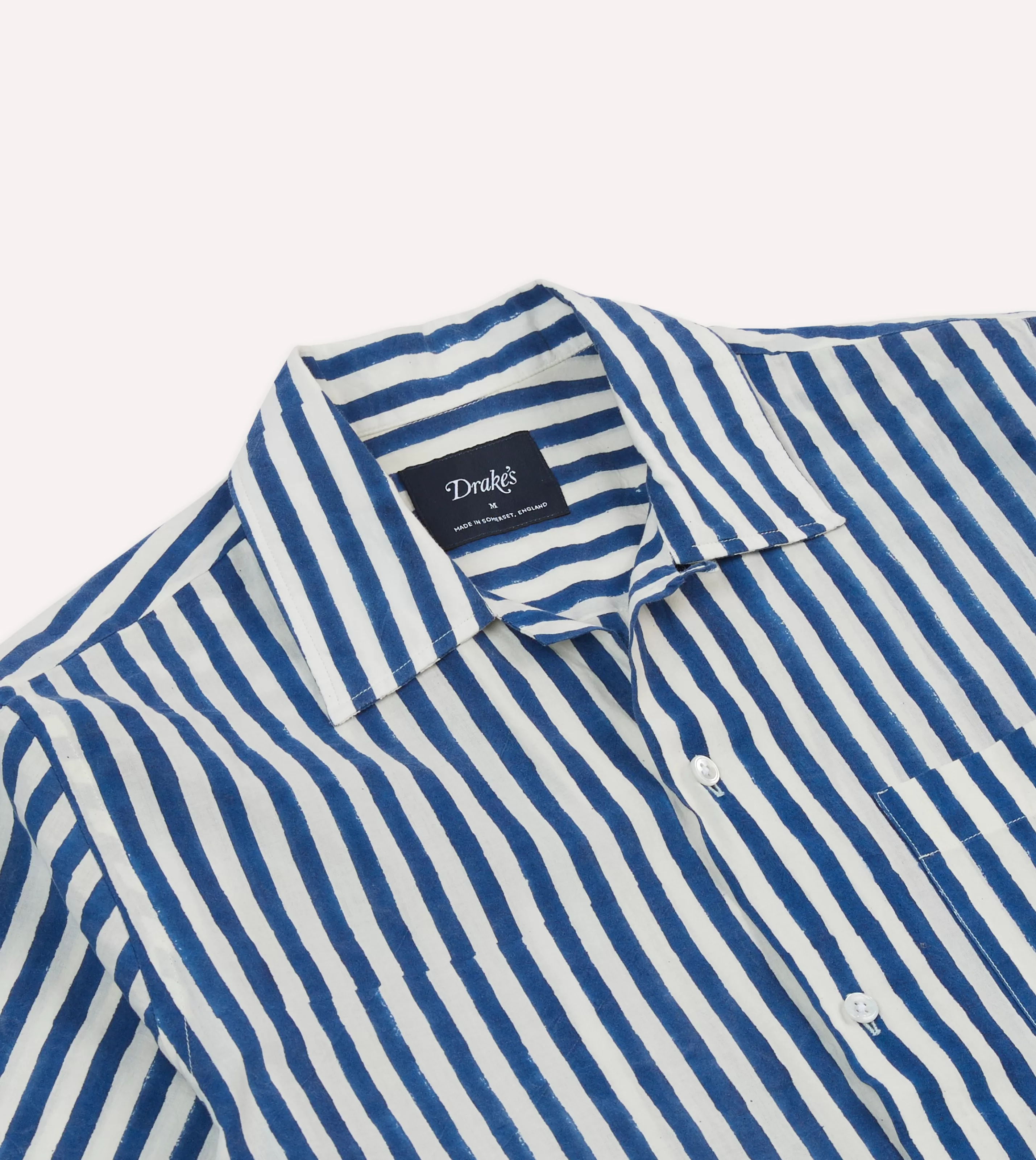Drake’s Shirts | Short Sleeve Shirts | Blue Stripe Block Print Cotton Camp Collar Short Sleeve Shirt