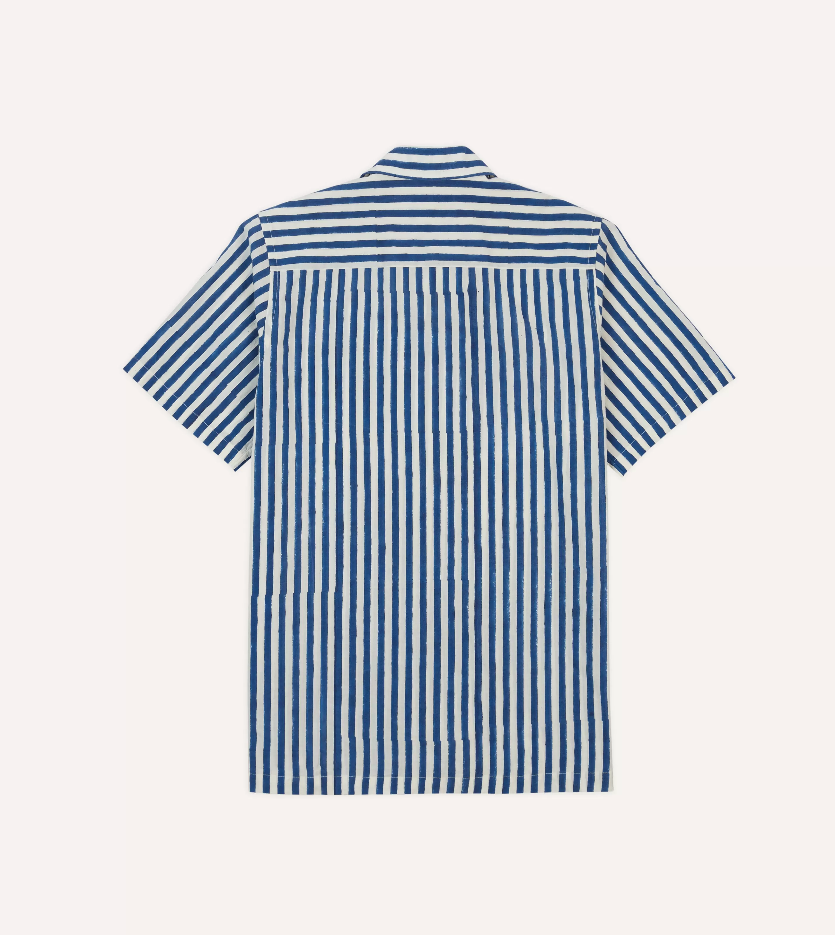 Drake’s Shirts | Short Sleeve Shirts | Blue Stripe Block Print Cotton Camp Collar Short Sleeve Shirt