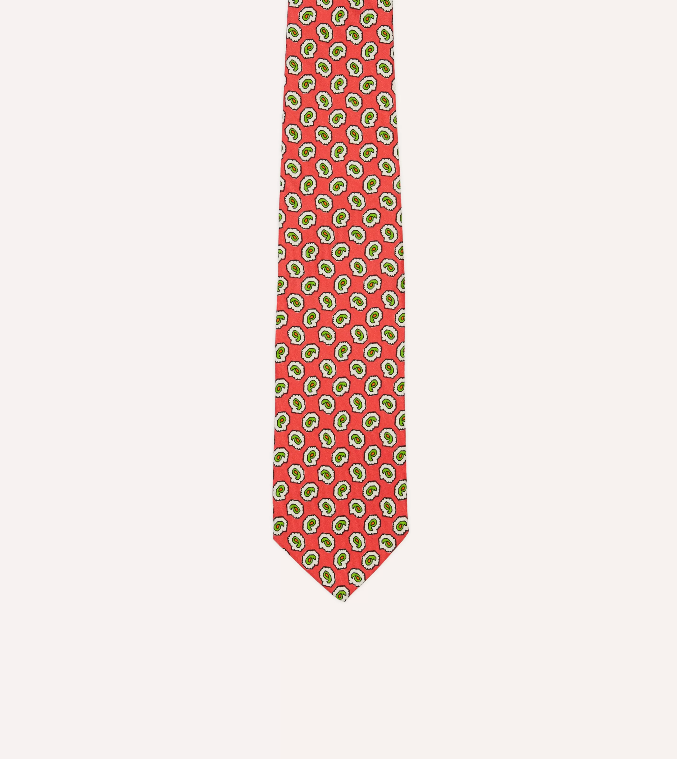 Drake’s Patterned Ties | Small Paisley Leaf Print Silk Self Tipped Tie Coral