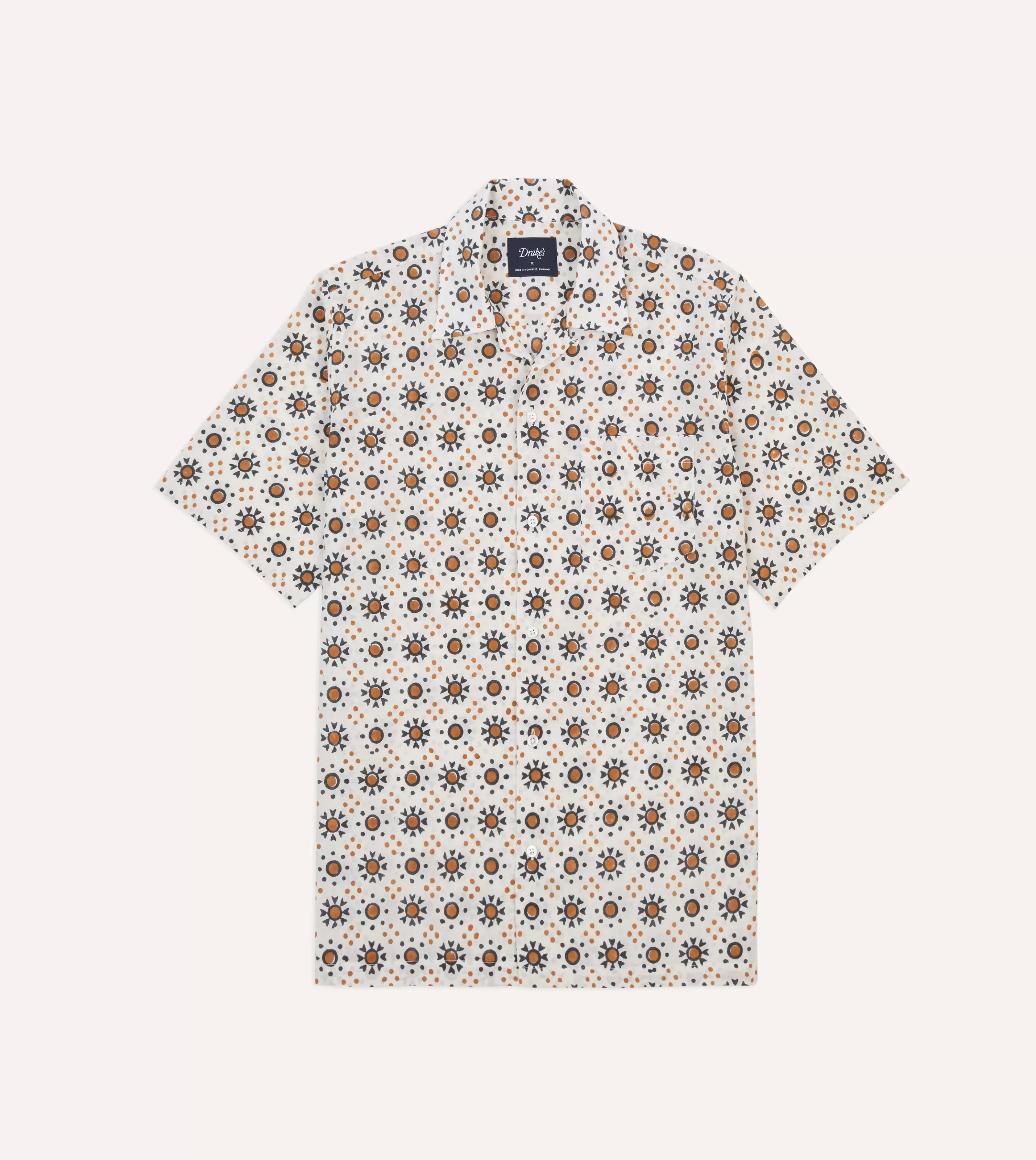 Drake’s Shirts | Short Sleeve Shirts | Ecru Sun Block Print Cotton Camp Collar Short Sleeve Shirt