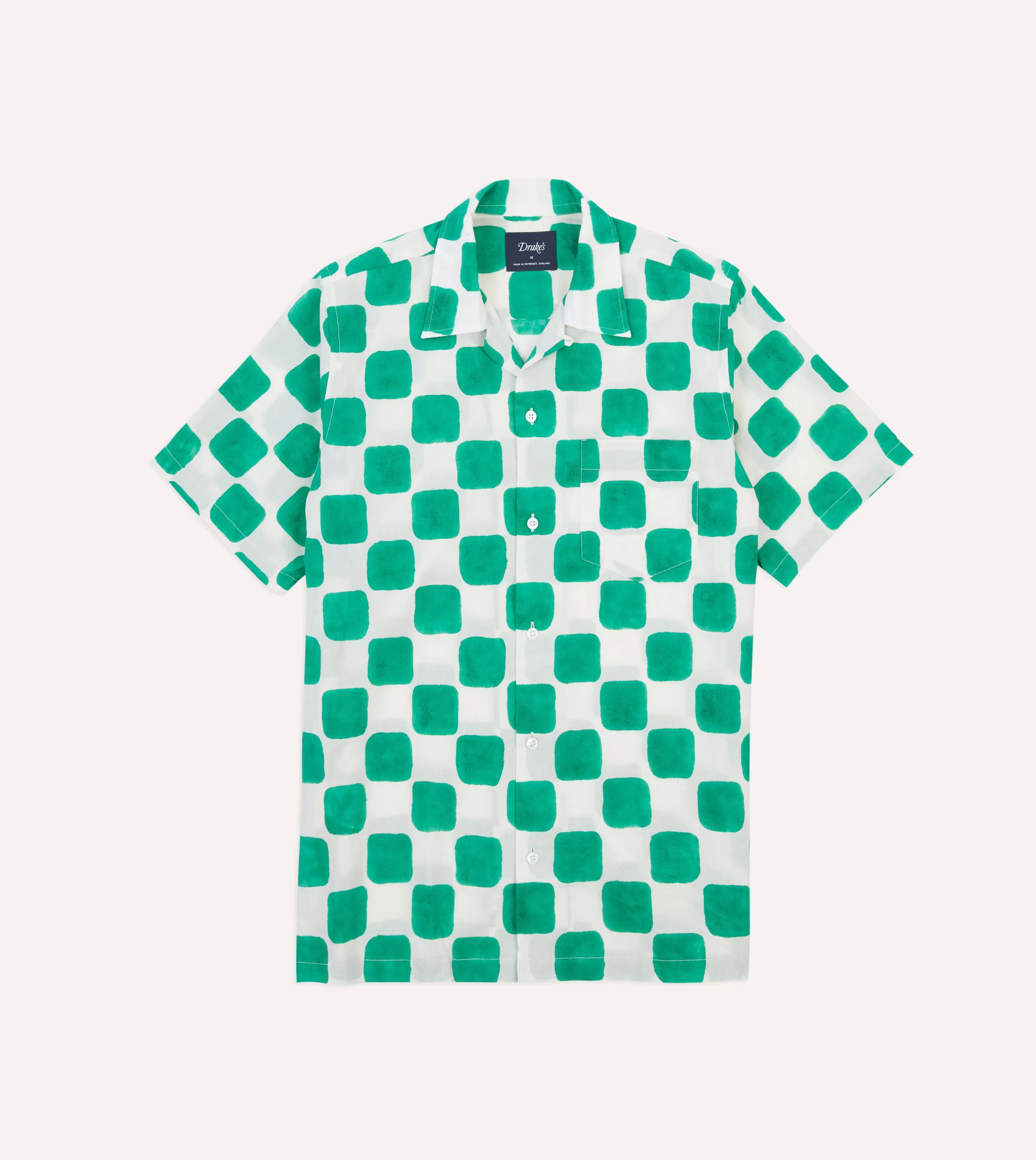 Drake’s Shirts | Short Sleeve Shirts | Green Chequerboard Block Print Cotton Camp Collar Short Sleeve Shirt