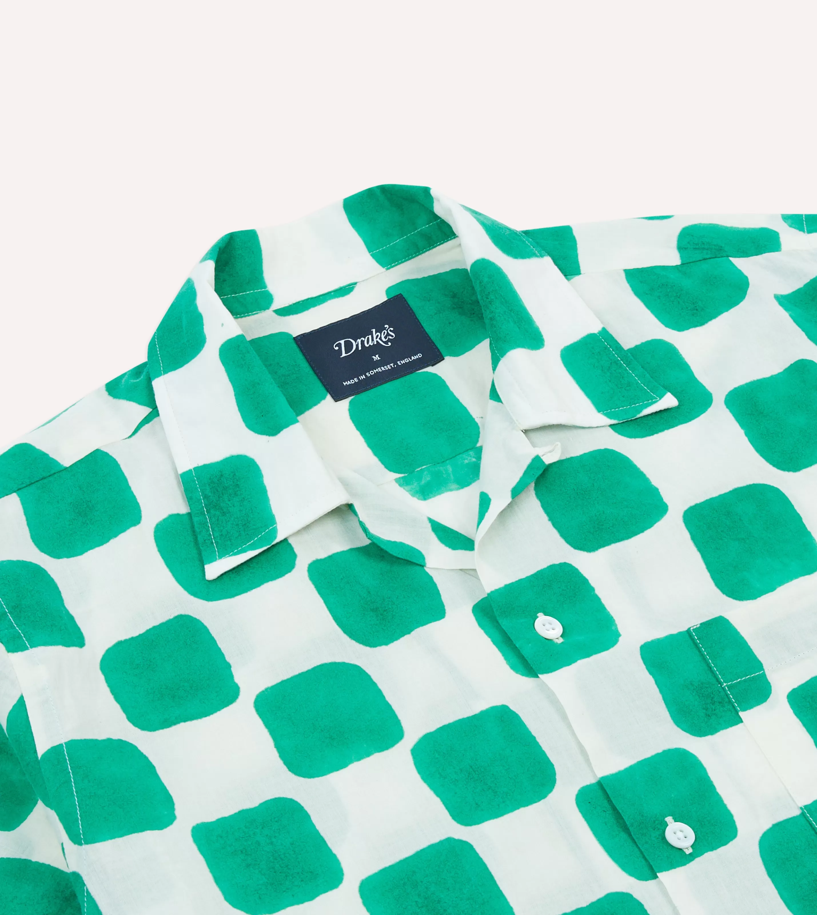 Drake’s Shirts | Short Sleeve Shirts | Green Chequerboard Block Print Cotton Camp Collar Short Sleeve Shirt