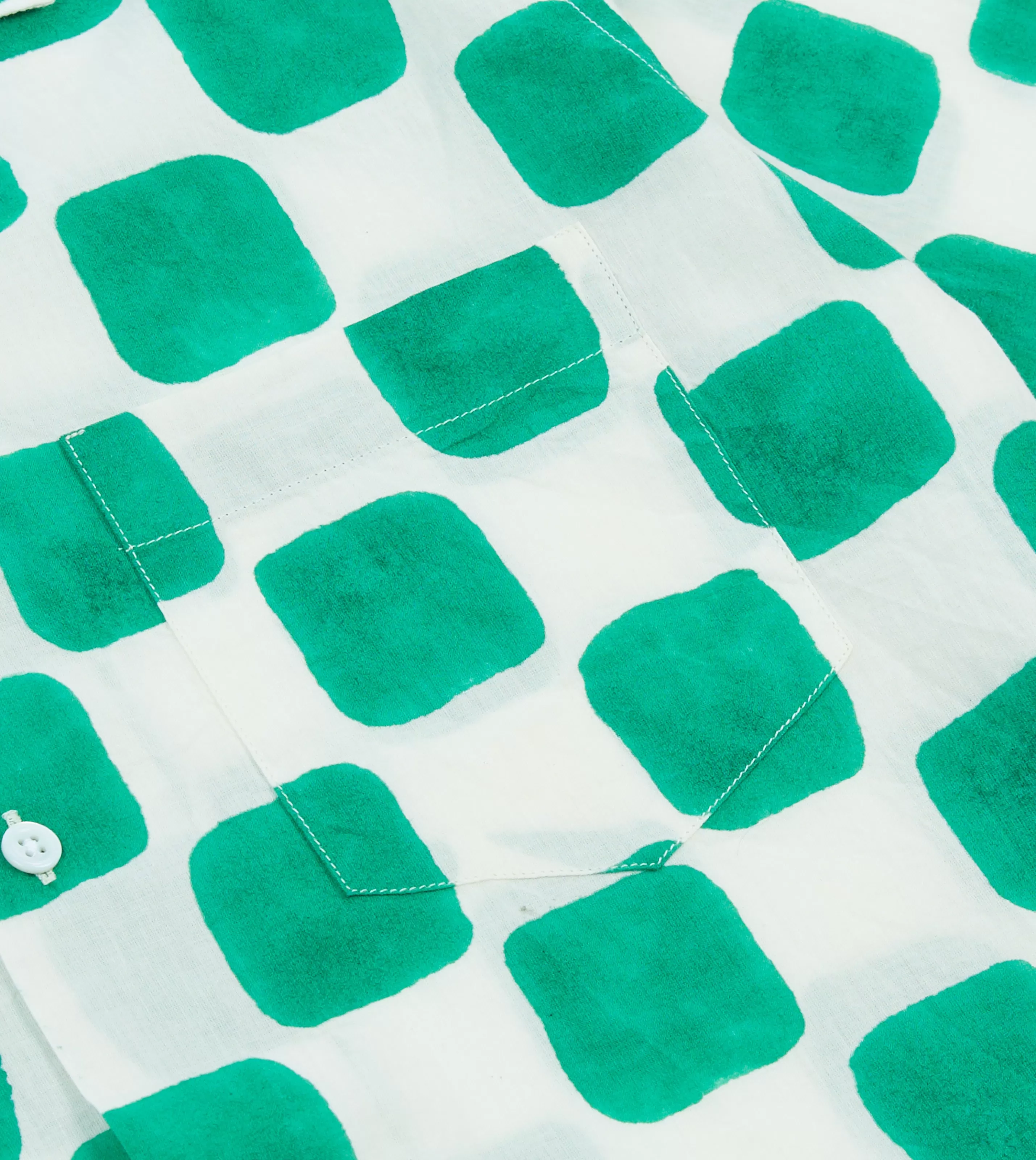 Drake’s Shirts | Short Sleeve Shirts | Green Chequerboard Block Print Cotton Camp Collar Short Sleeve Shirt