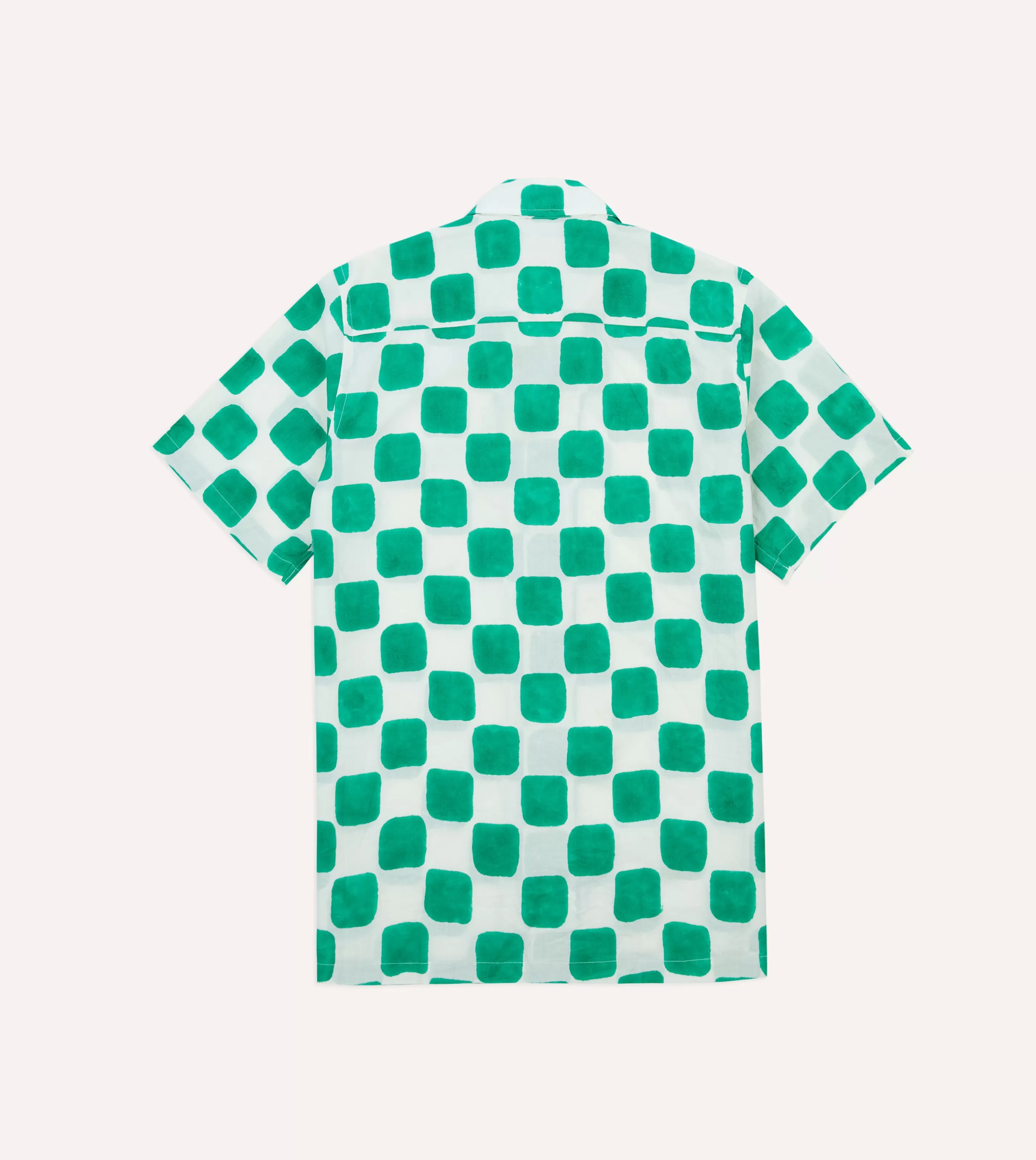Drake’s Shirts | Short Sleeve Shirts | Green Chequerboard Block Print Cotton Camp Collar Short Sleeve Shirt