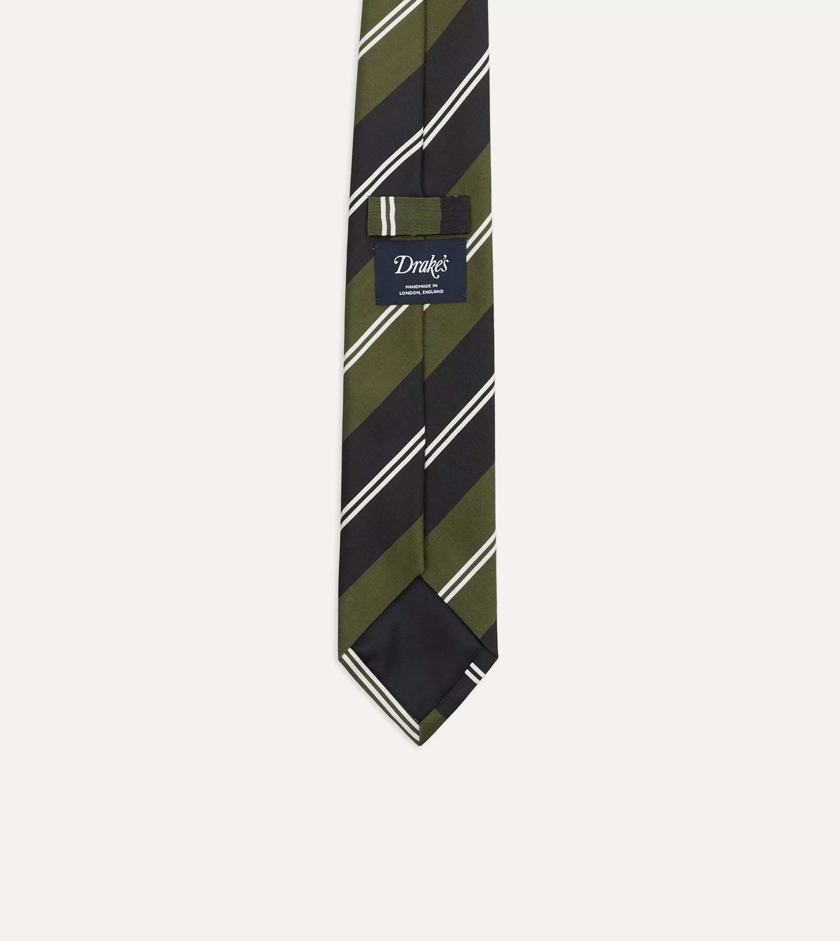Drake’s Striped Ties | Green, Navy And White Regimental Stripe Mogador Tipped Tie