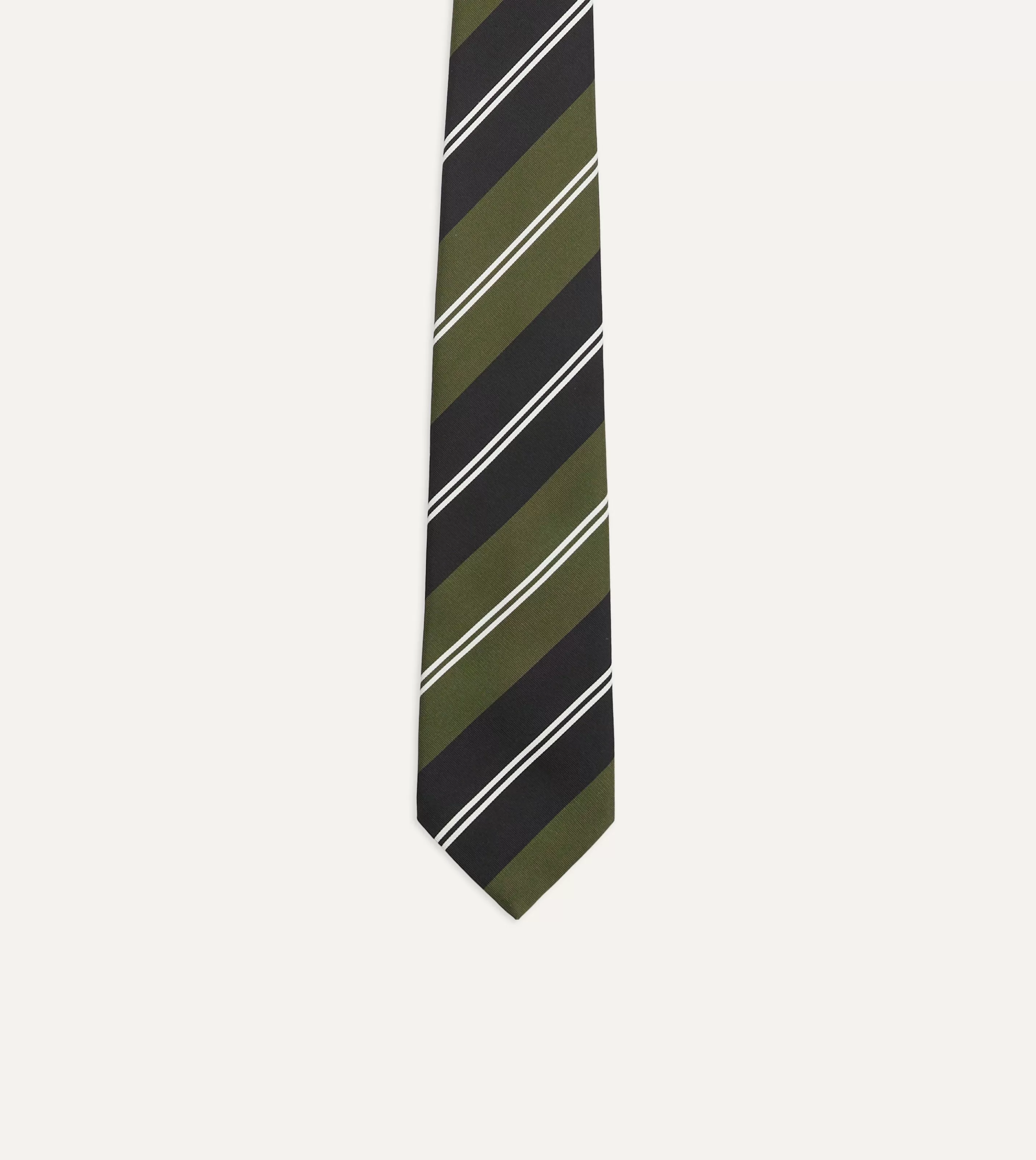 Drake’s Striped Ties | Green, Navy And White Regimental Stripe Mogador Tipped Tie