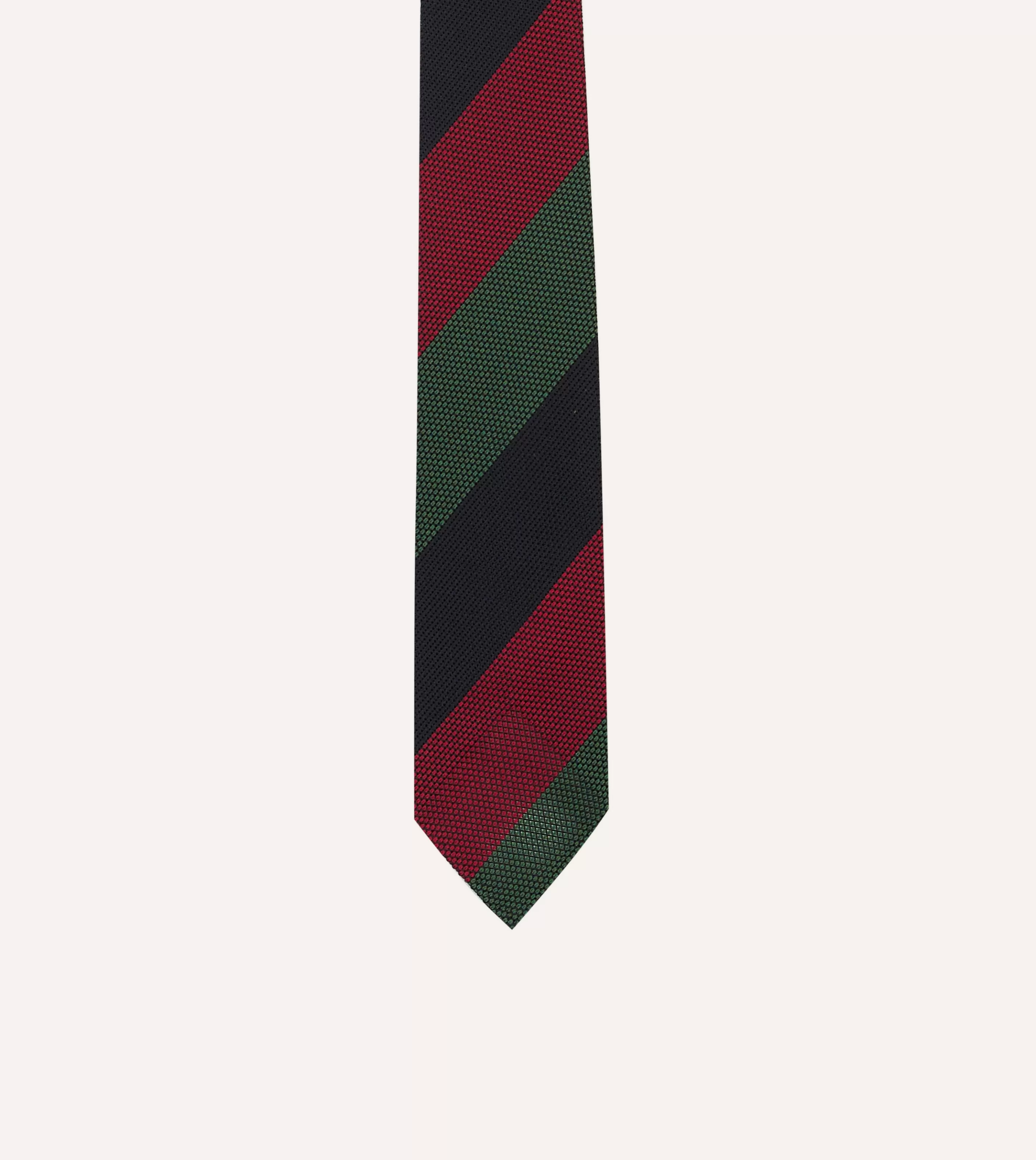 Drake’s Striped Ties | Green, Red And Navy Wide Stripe Hand Rolled Silk Grenadine Tie