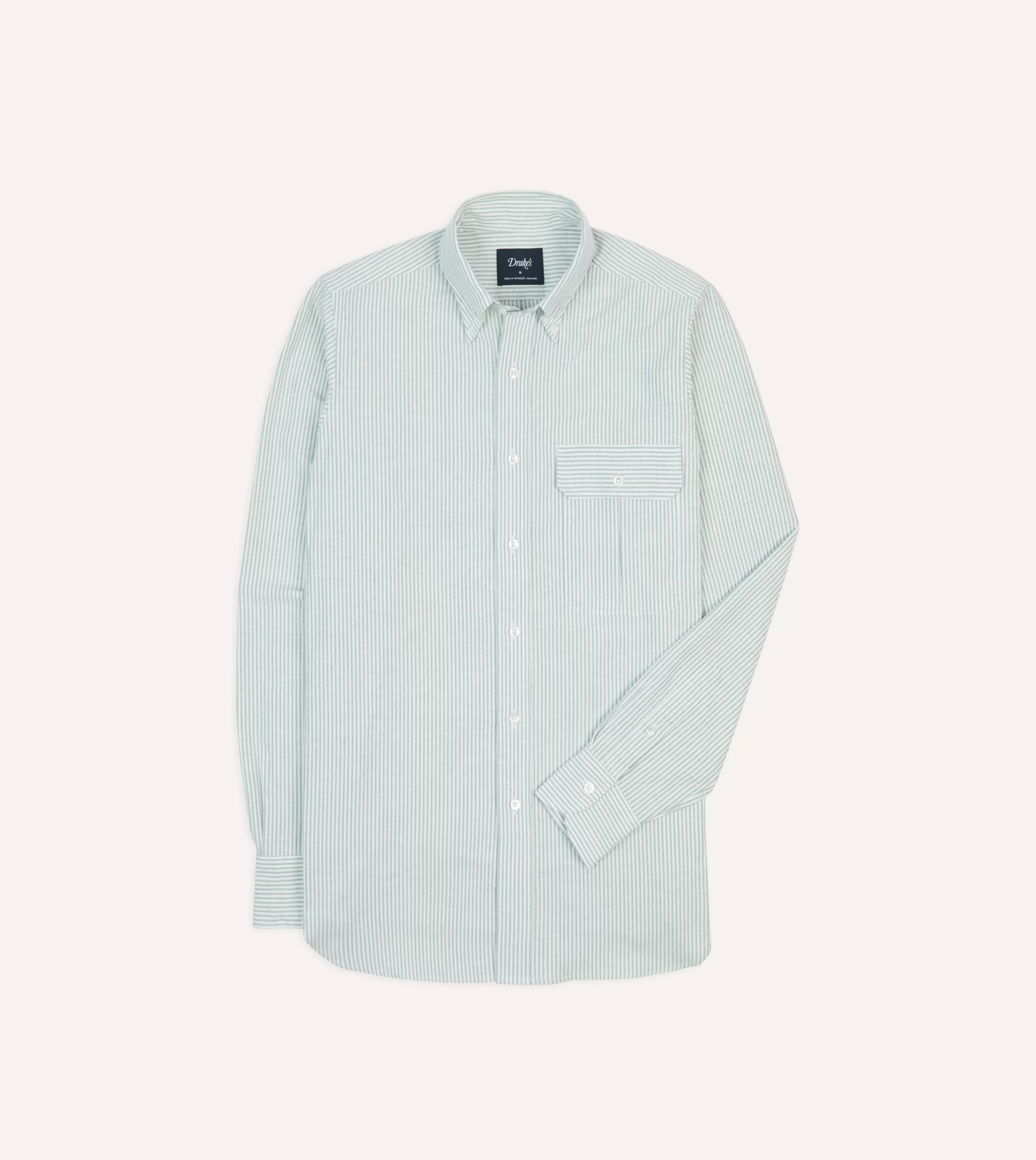 Drake’s Shirts | Formal Shirts | Green Ticking Stripe Cotton Oxford Cloth Pocket Button-Down Shirt