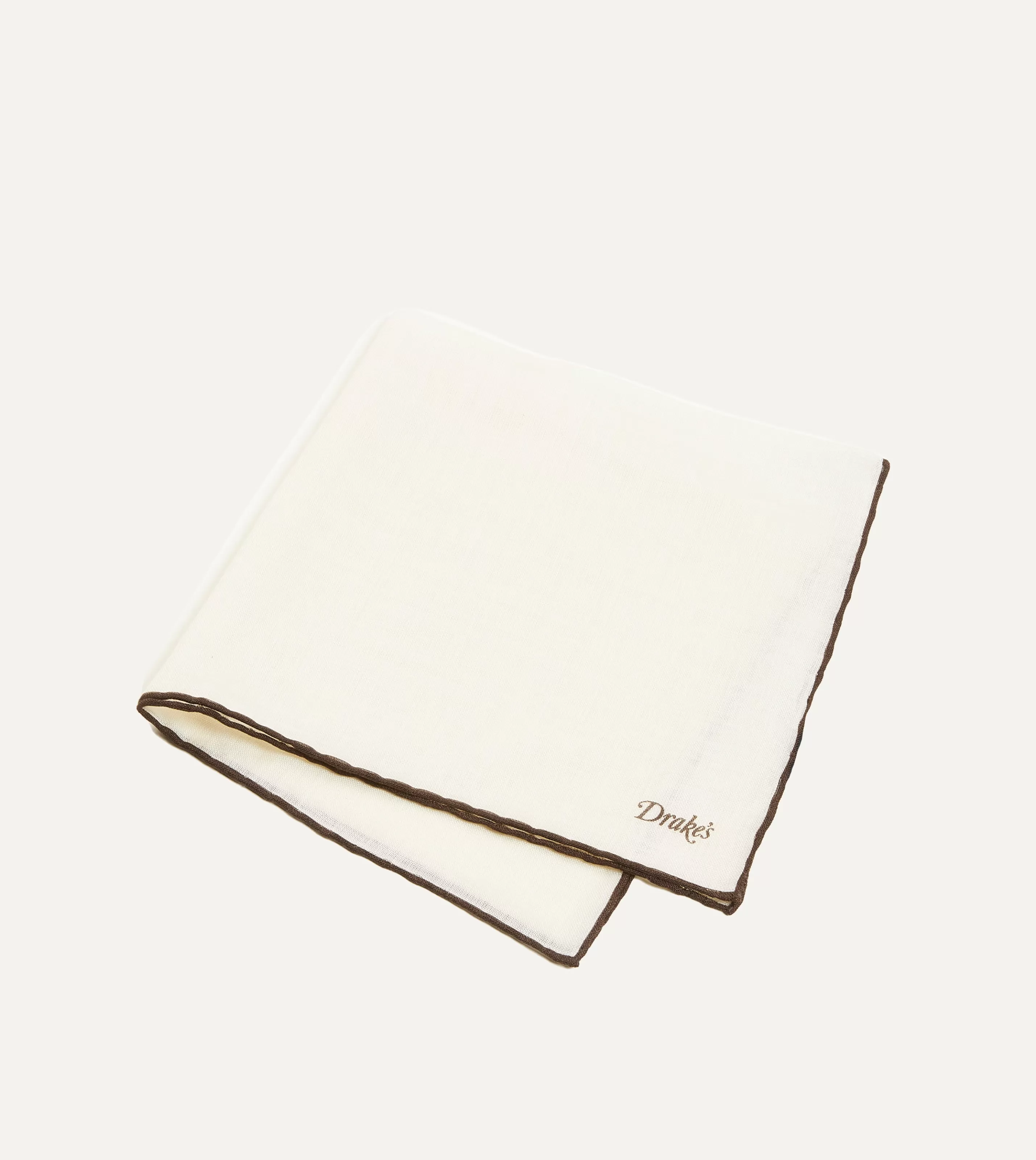 Drake’s Pocket Squares | Ivory And Brown Shoestring Border Silk Pocket Square