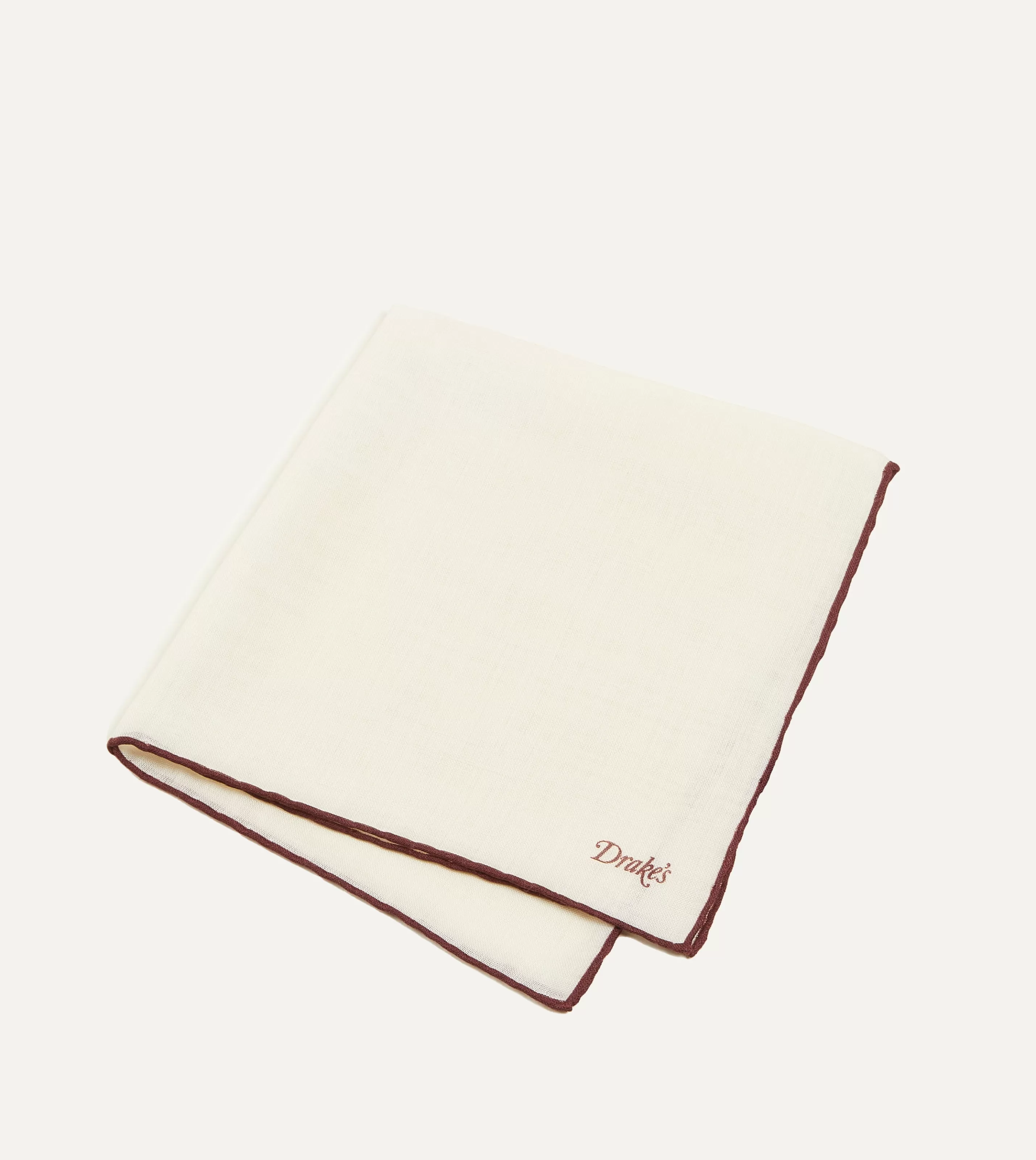 Drake’s Pocket Squares | Ivory And Burgundy Shoestring Border Silk Pocket Square