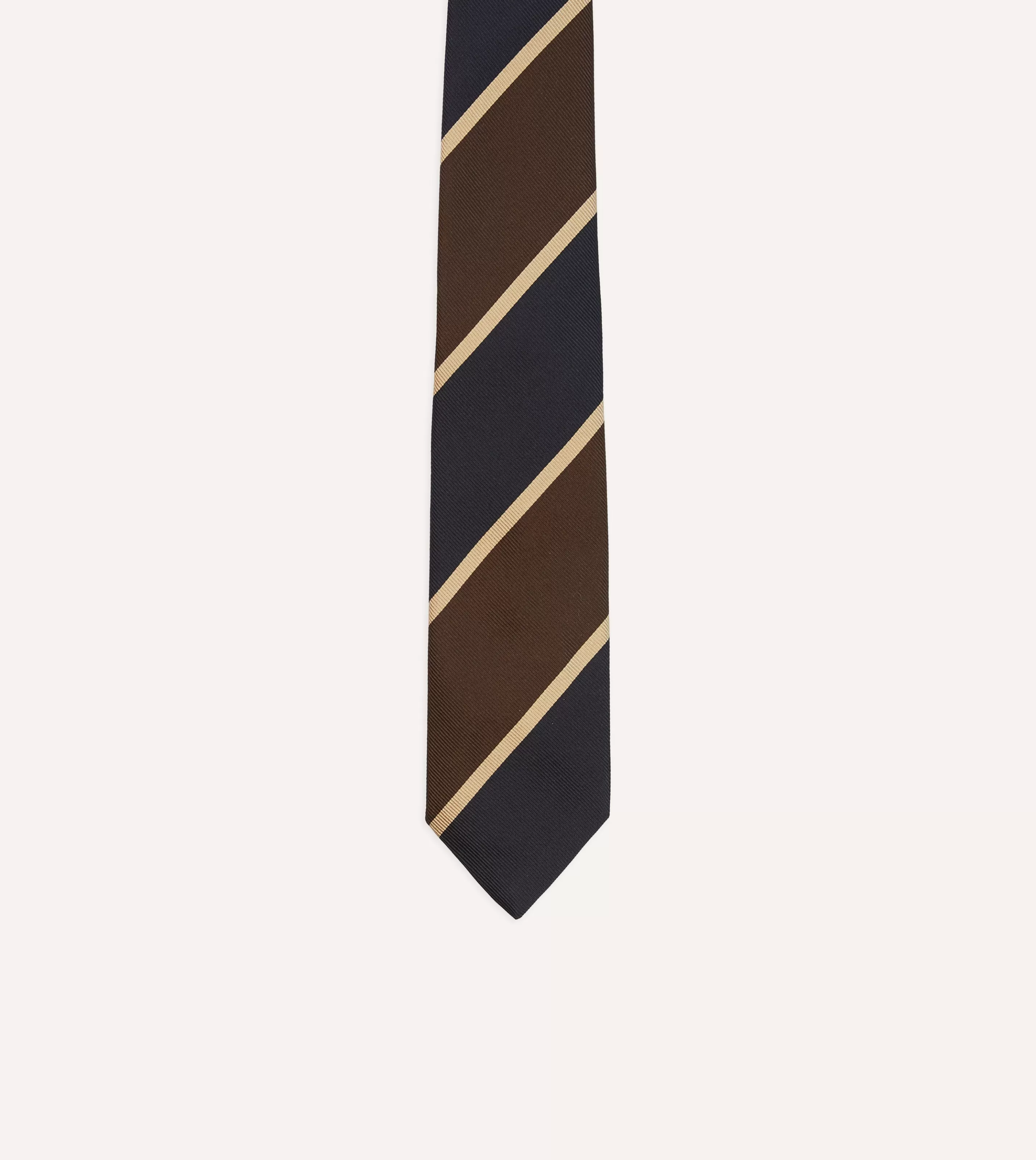 Drake’s Striped Ties | Navy And Brown Broad Stripe Mogador Silk Tipped Tie