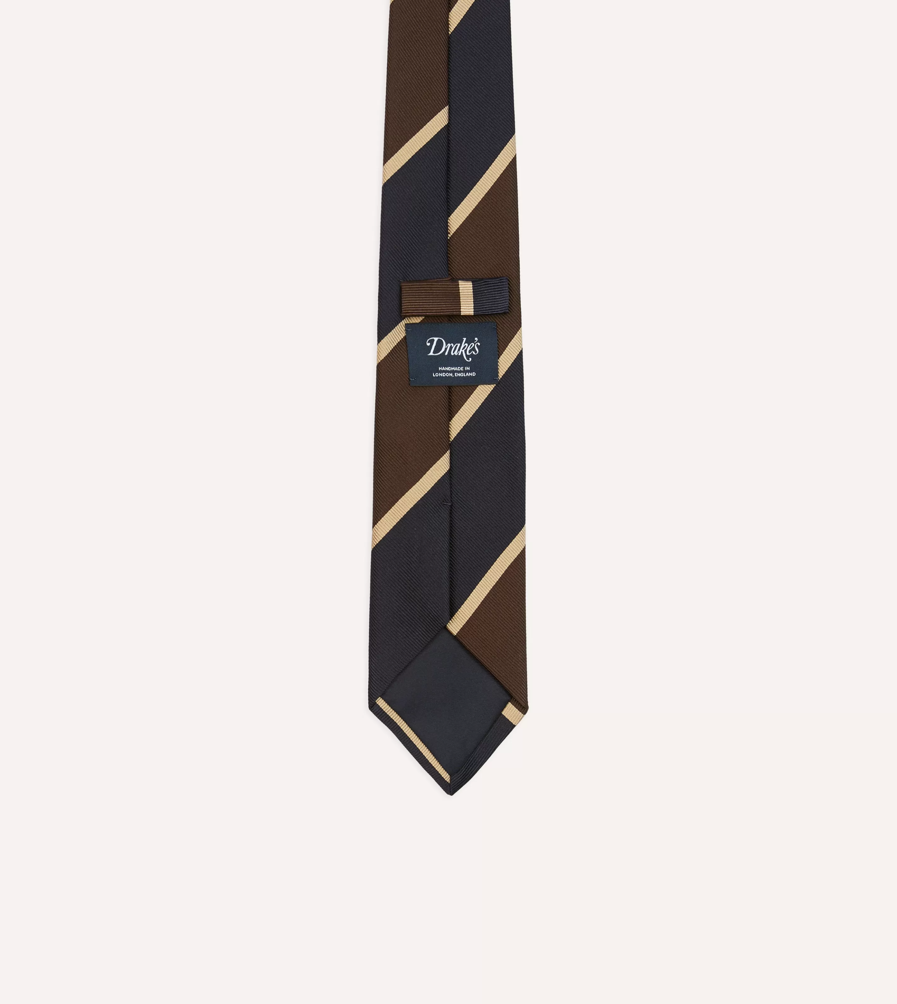 Drake’s Striped Ties | Navy And Brown Broad Stripe Mogador Silk Tipped Tie