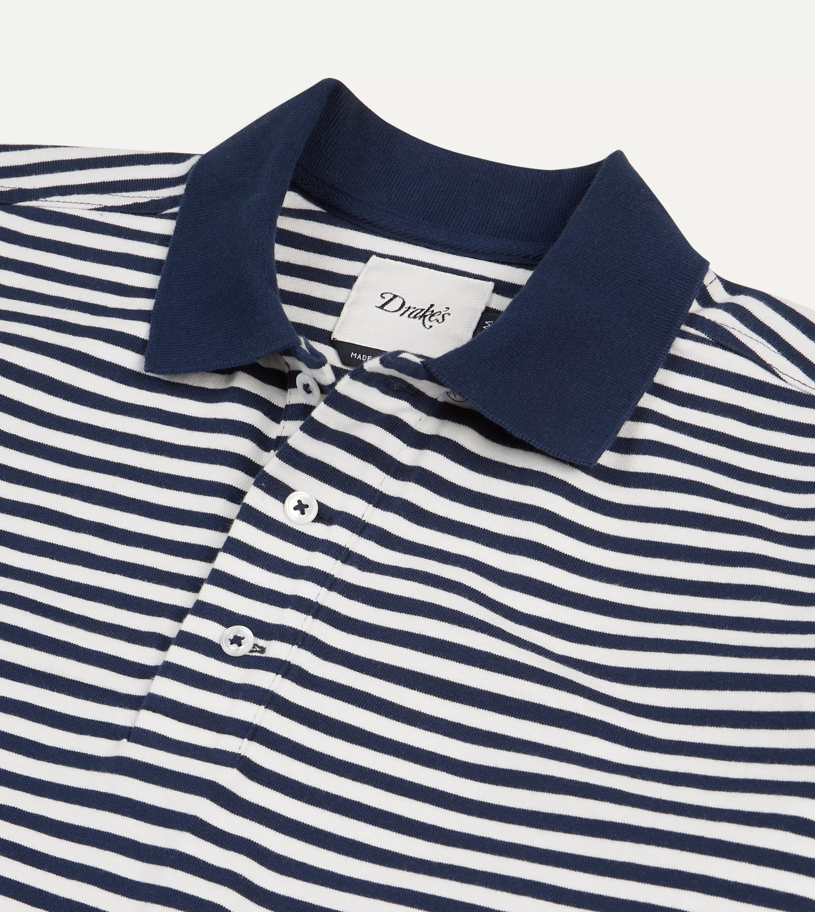 Drake’s Polos & Sweatshirts | Rugby Shirts | Navy And Ecru Stripe Knitted Jersey Cotton Long-Sleeve Polo Shirt