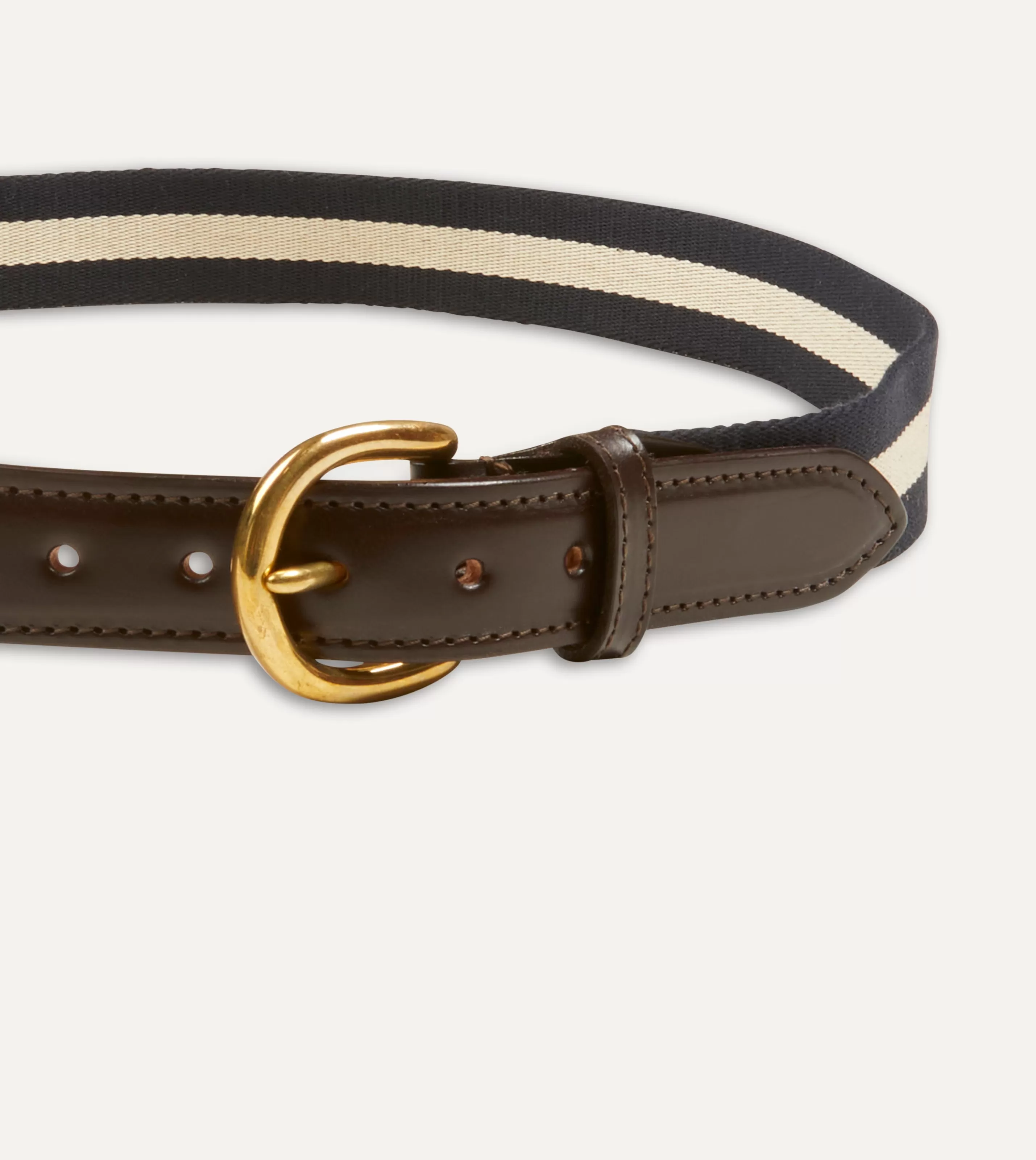 Drake’s Belts | Belts | Navy And Ecru Stripe Webbing And Leather Belt With Brass Buckle