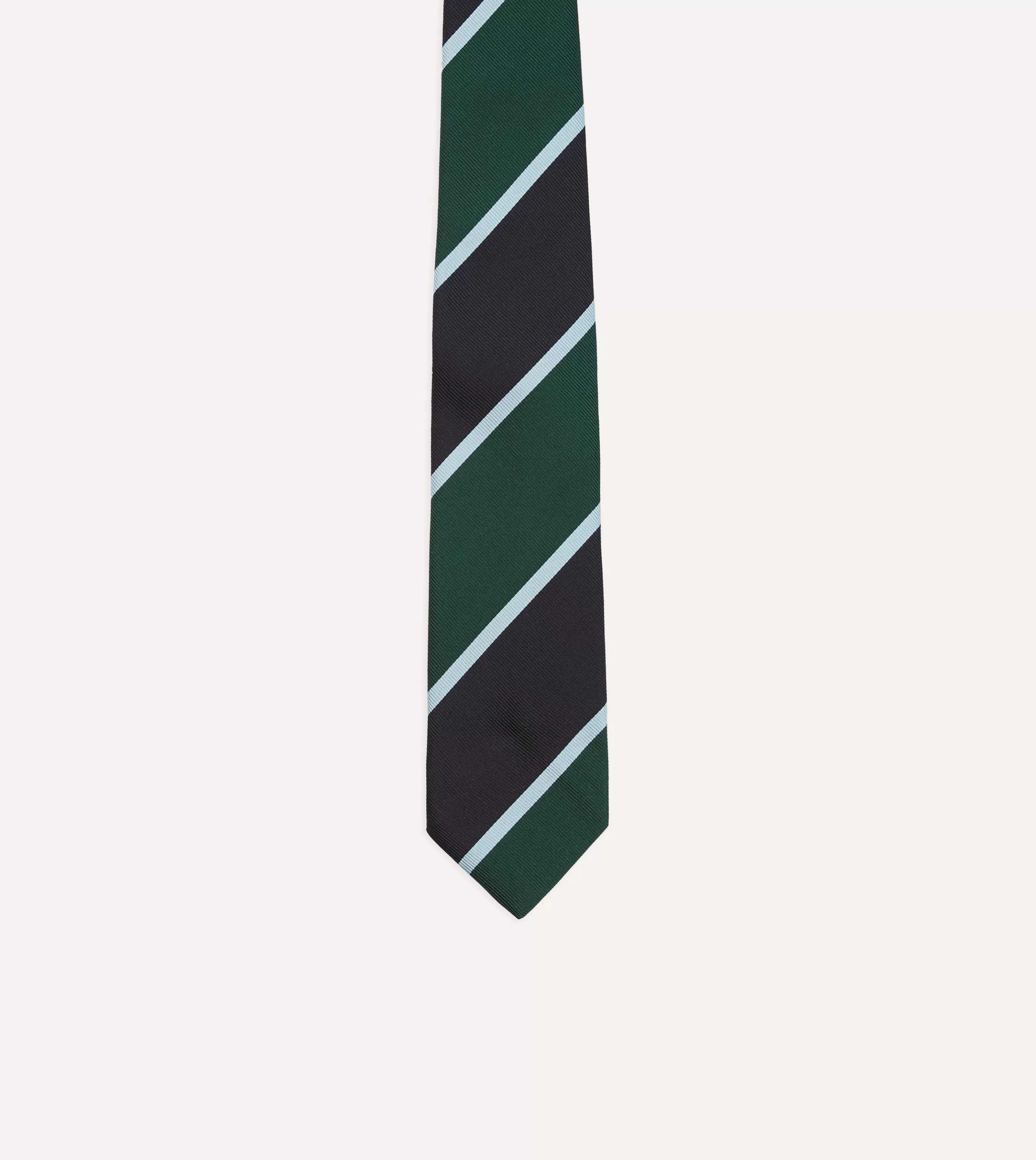 Drake’s Striped Ties | Navy And Green Broad Stripe Mogador Silk Tipped Tie