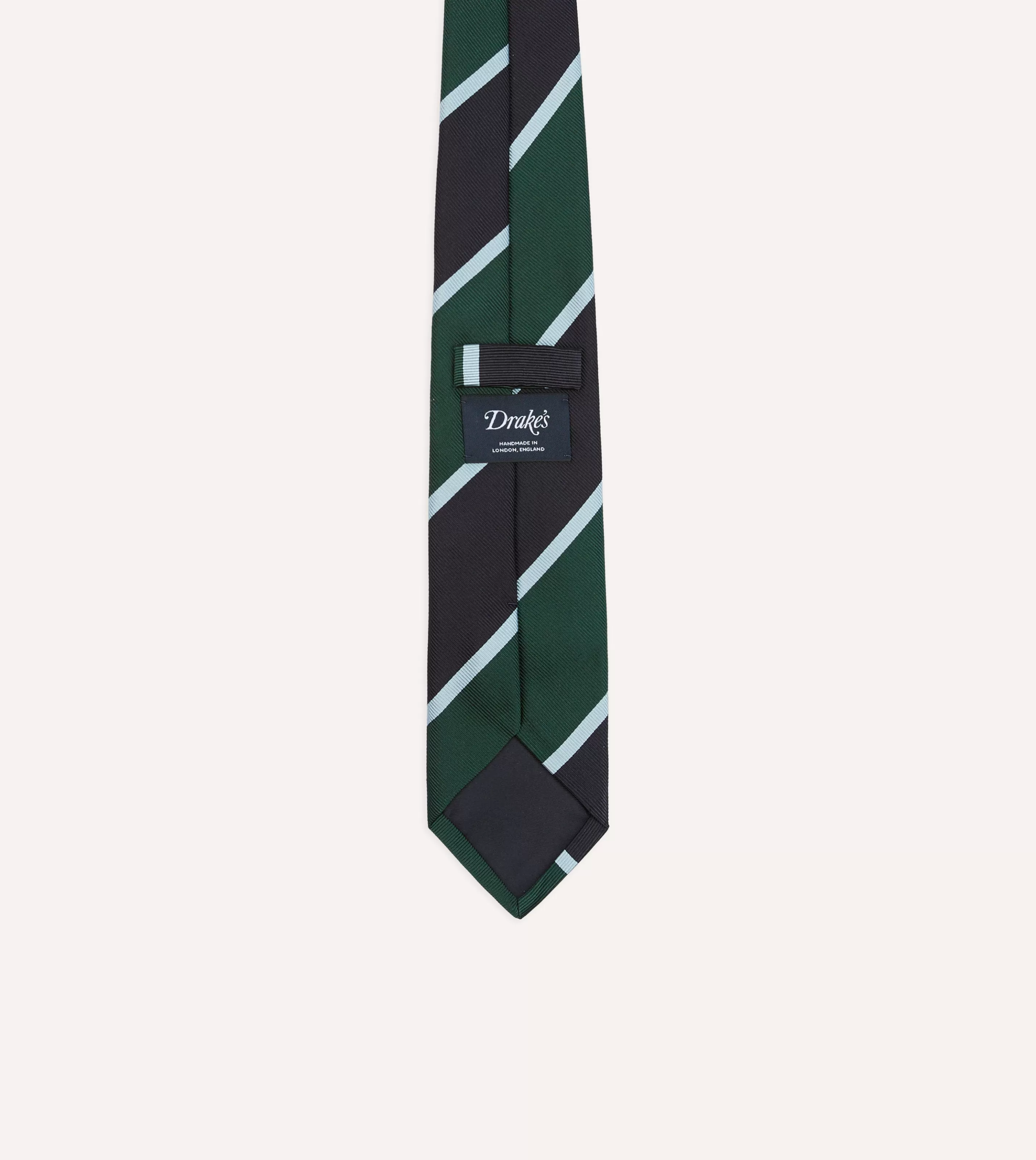 Drake’s Striped Ties | Navy And Green Broad Stripe Mogador Silk Tipped Tie