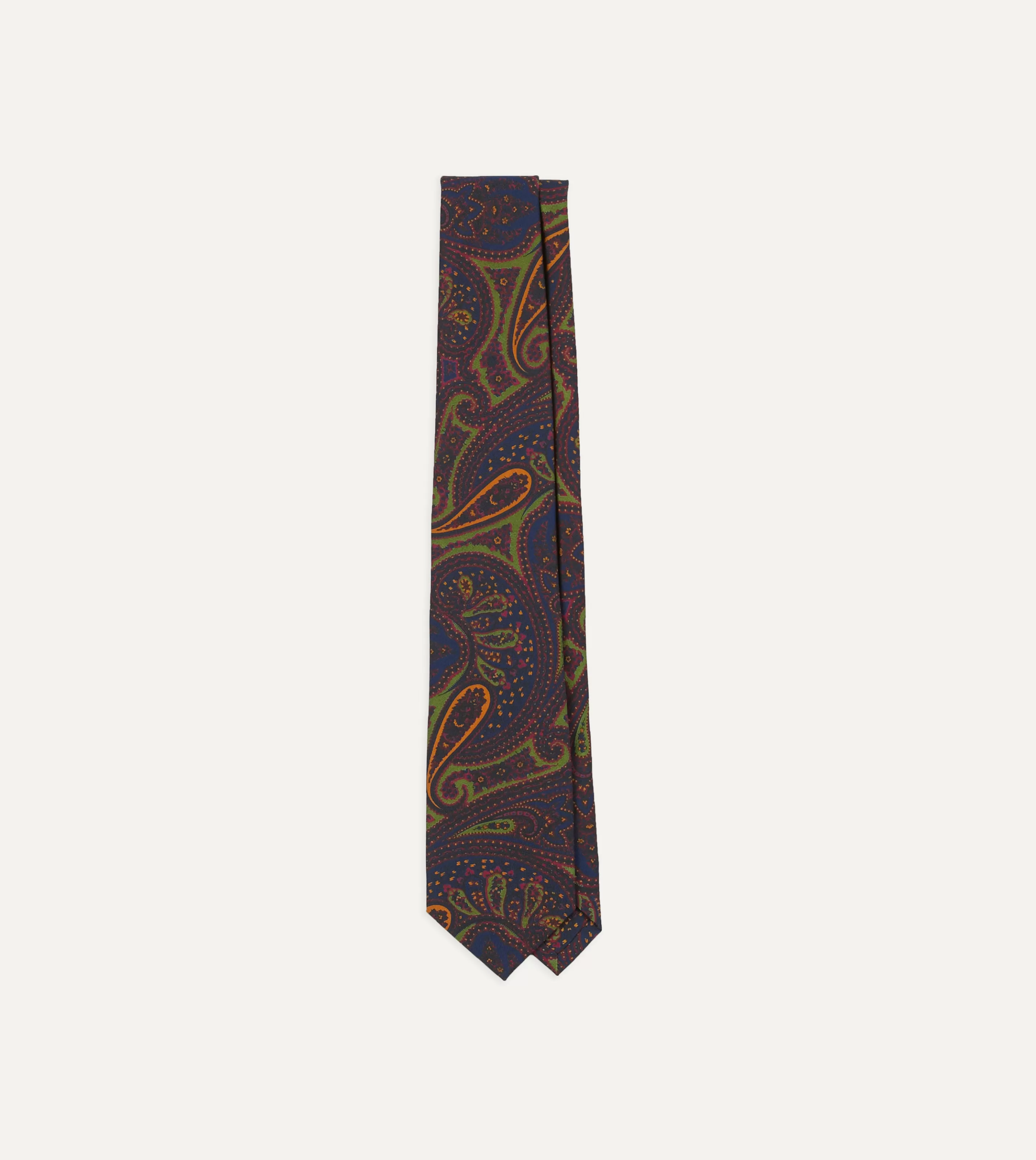 Drake’s Patterned Ties | Navy And Green Large Paisley Print Madder Silk Self Tipped Tie