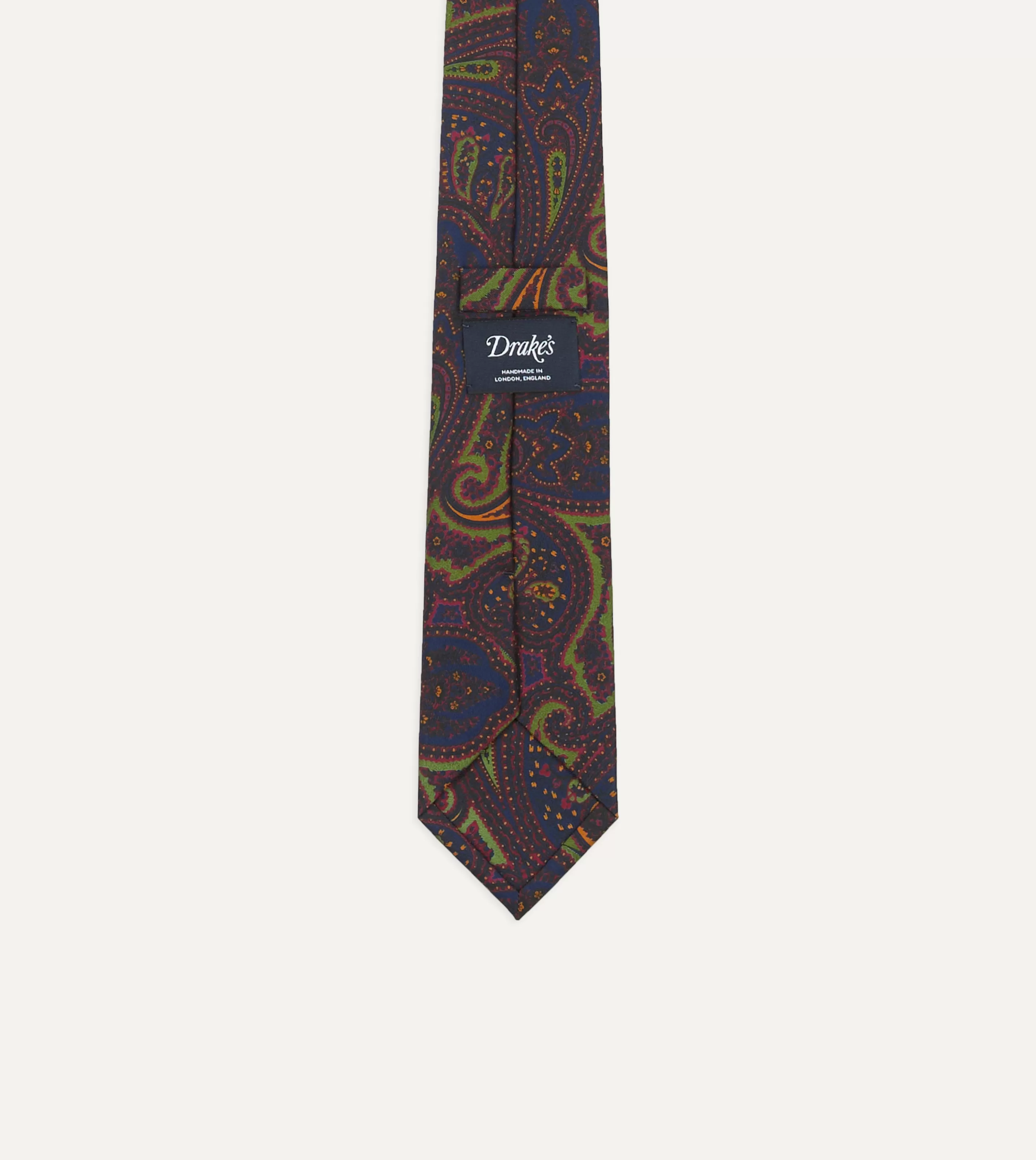 Drake’s Patterned Ties | Navy And Green Large Paisley Print Madder Silk Self Tipped Tie
