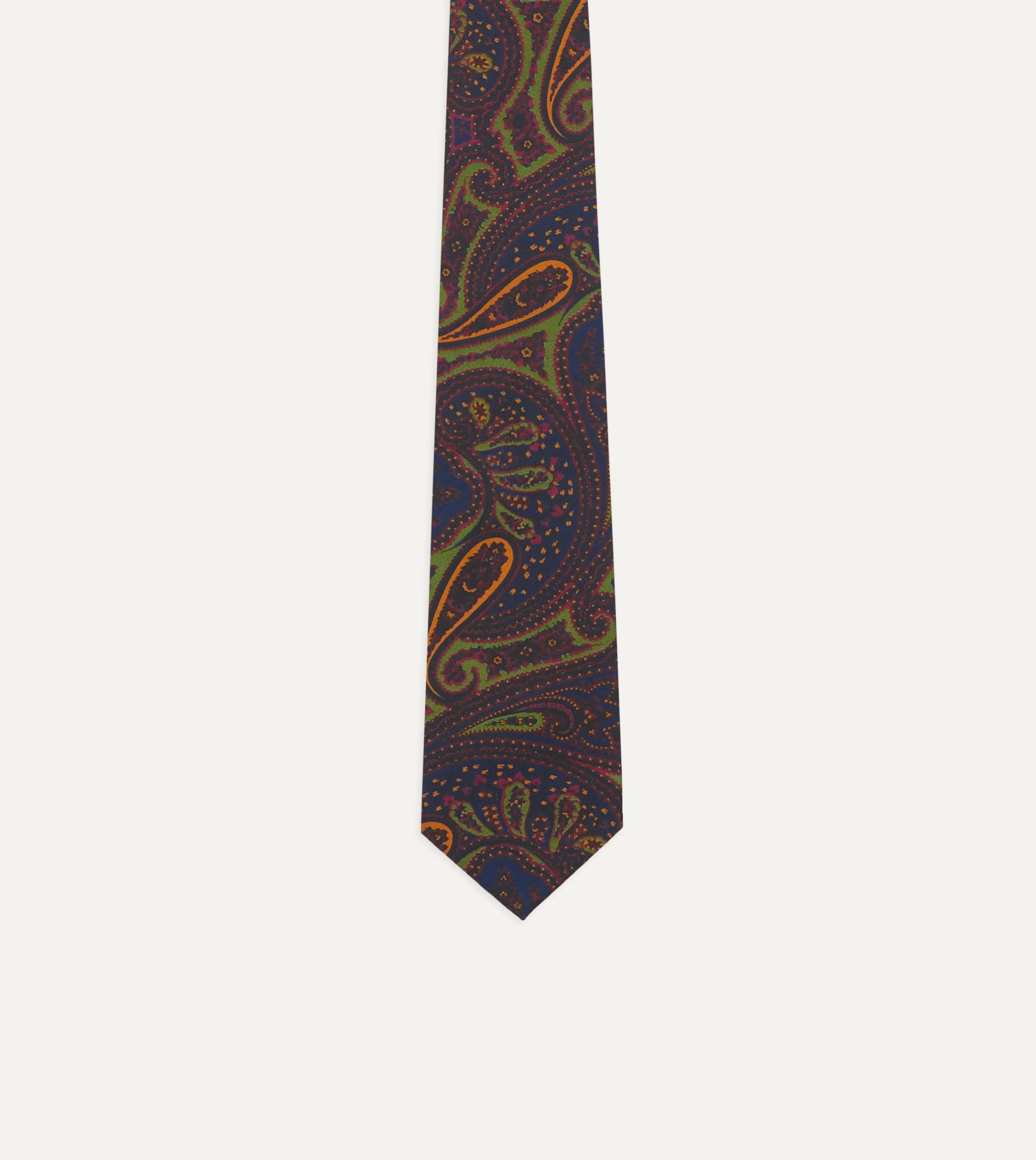 Drake’s Patterned Ties | Navy And Green Large Paisley Print Madder Silk Self Tipped Tie