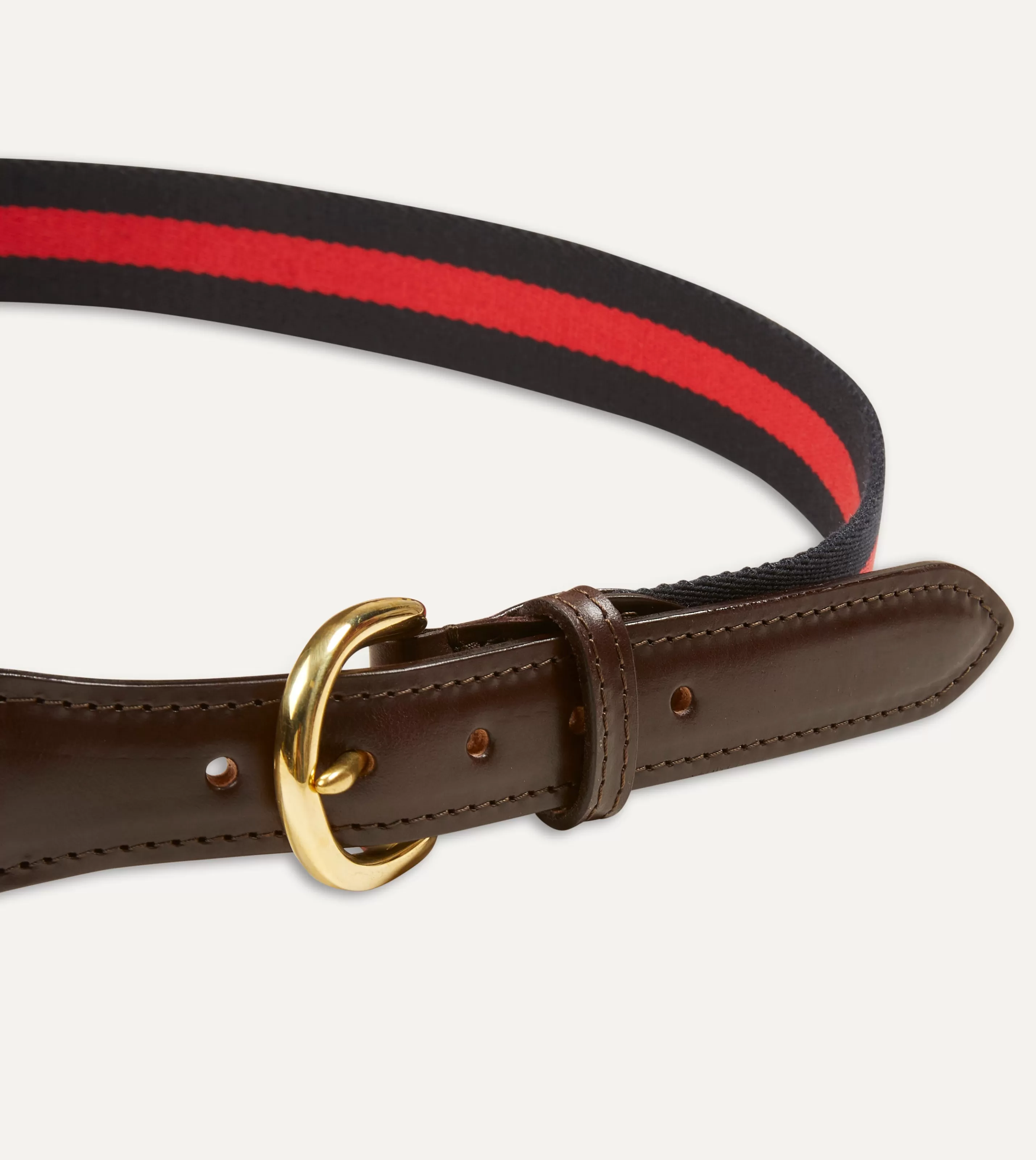 Drake’s Belts | Belts | Navy And Red Stripe Webbing And Leather Belt With Brass Buckle