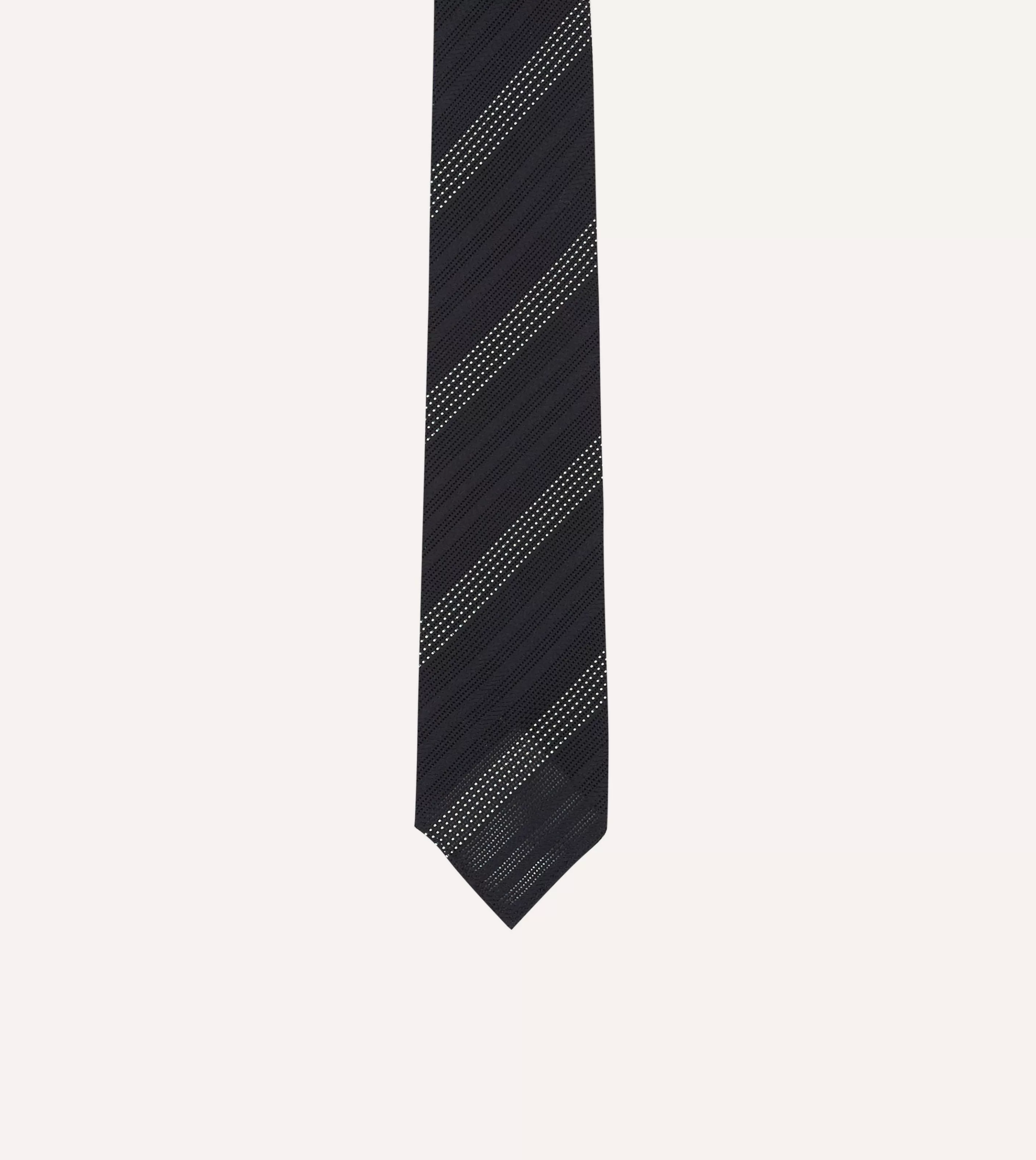 Drake’s Striped Ties | Navy And White Dashed Stripe Hand Rolled Silk Grenadine Tie