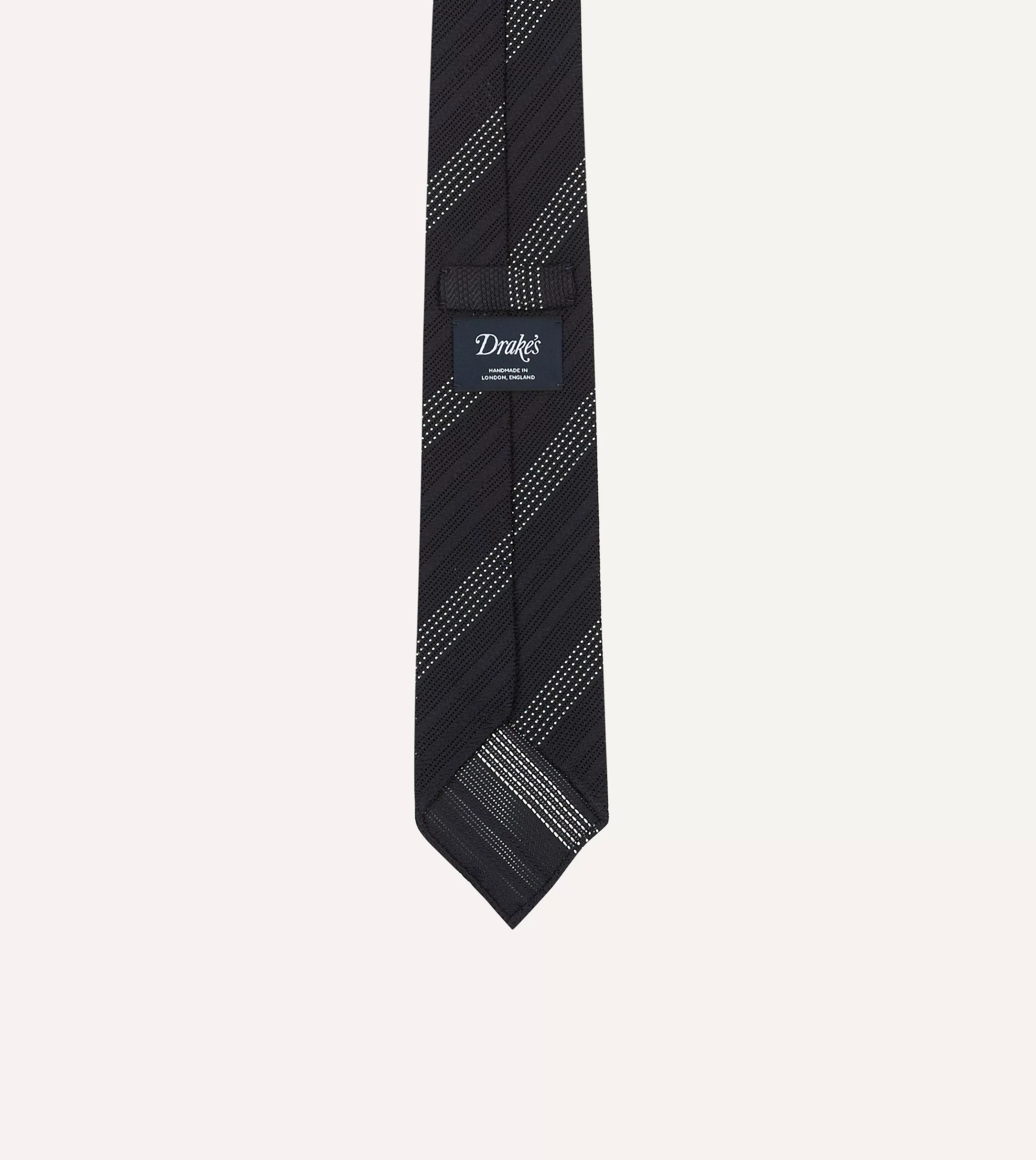 Drake’s Striped Ties | Navy And White Dashed Stripe Hand Rolled Silk Grenadine Tie