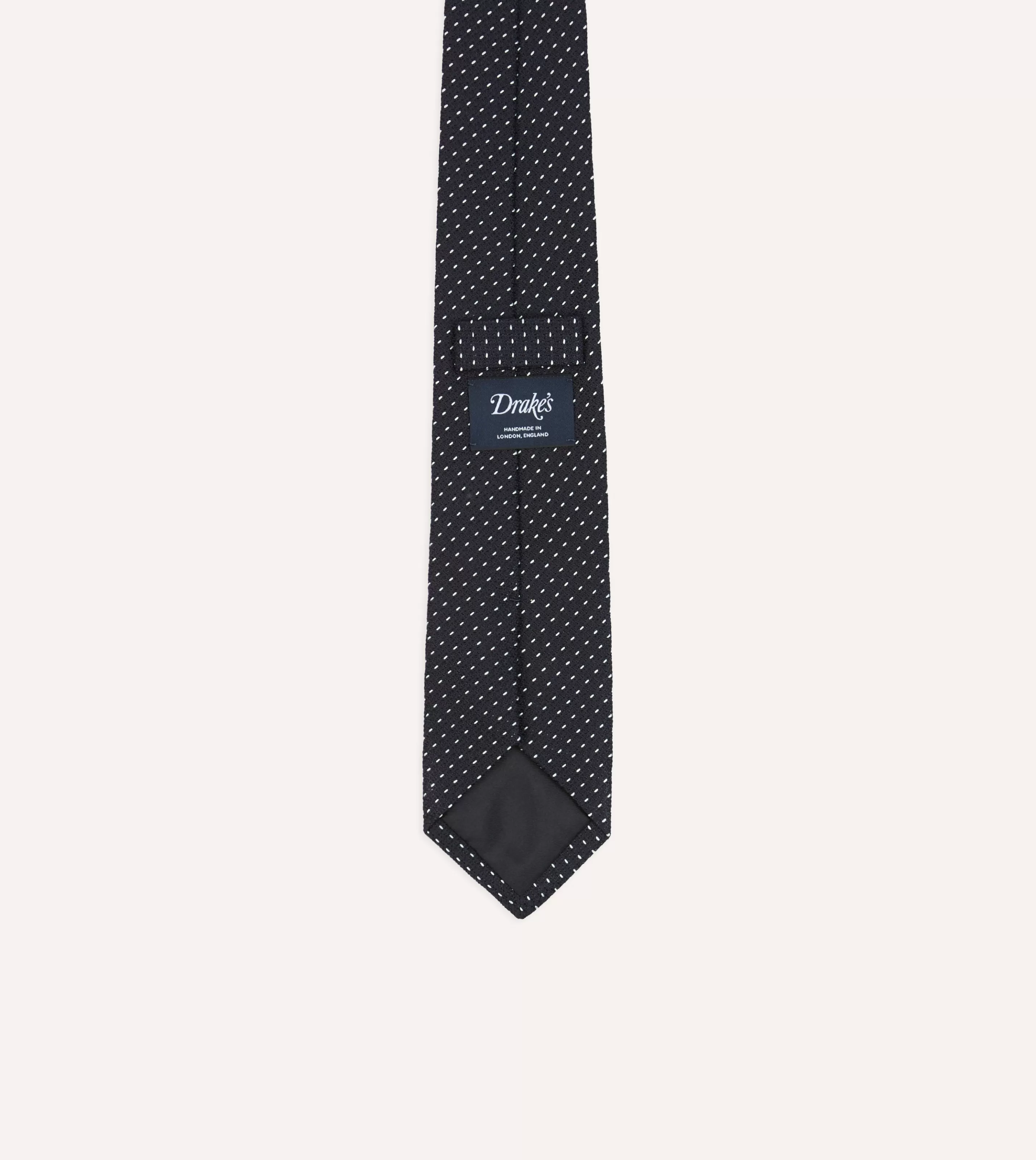 Drake’s Patterned Ties | Navy And White Stitch Fine Woven Grenadine Silk Tipped Tie