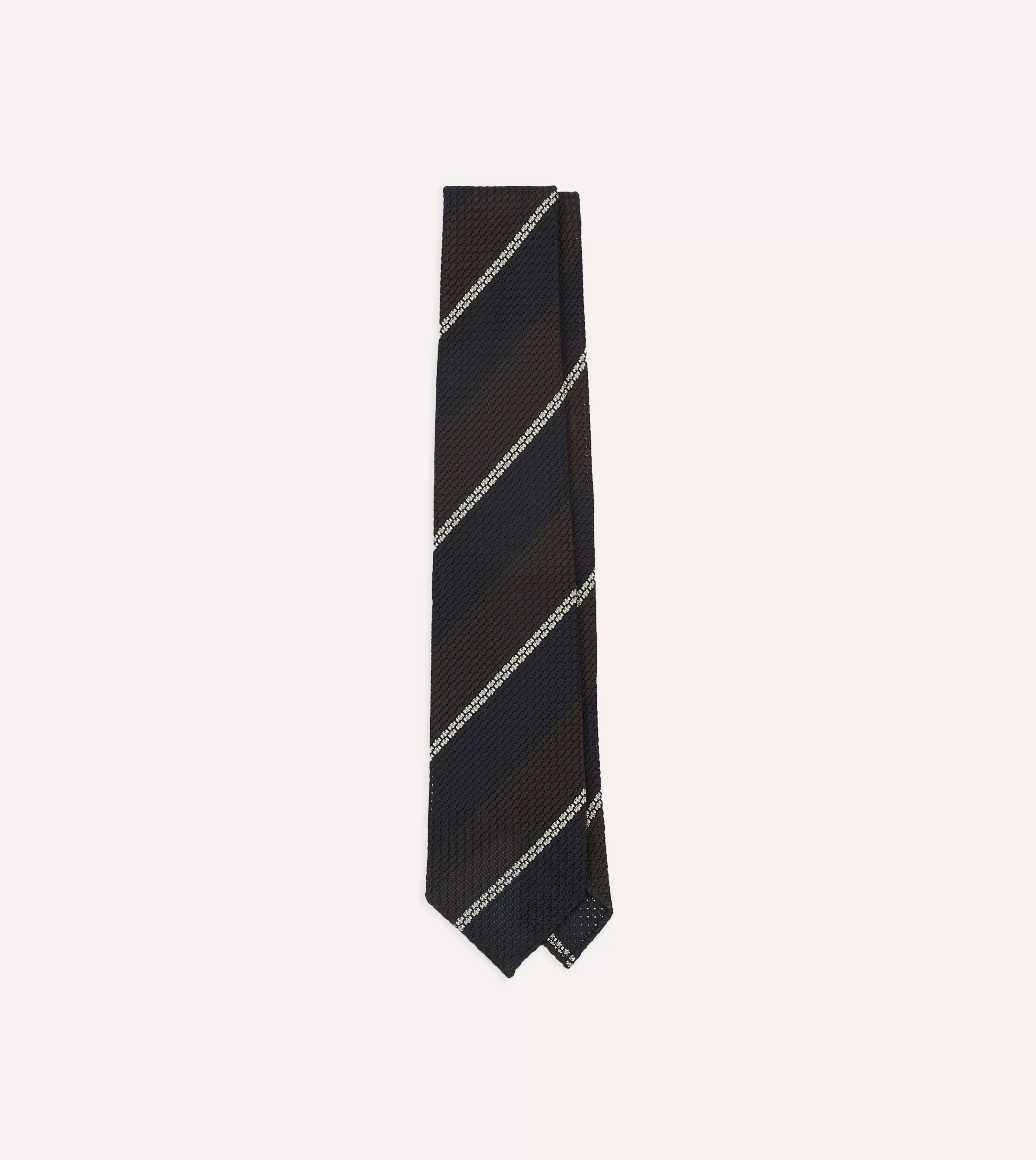 Drake’s Striped Ties | Navy, Brown And White Multi Stripe Hand Rolled Silk Grenadine Tie