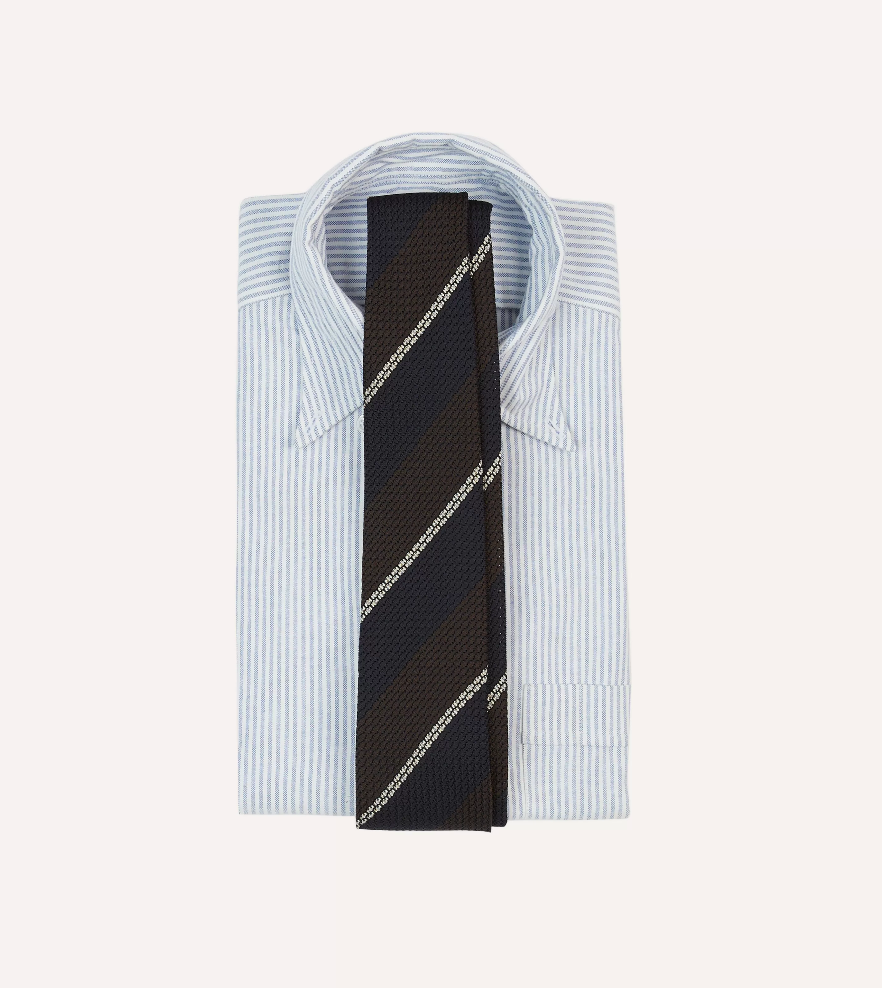 Drake’s Striped Ties | Navy, Brown And White Multi Stripe Hand Rolled Silk Grenadine Tie