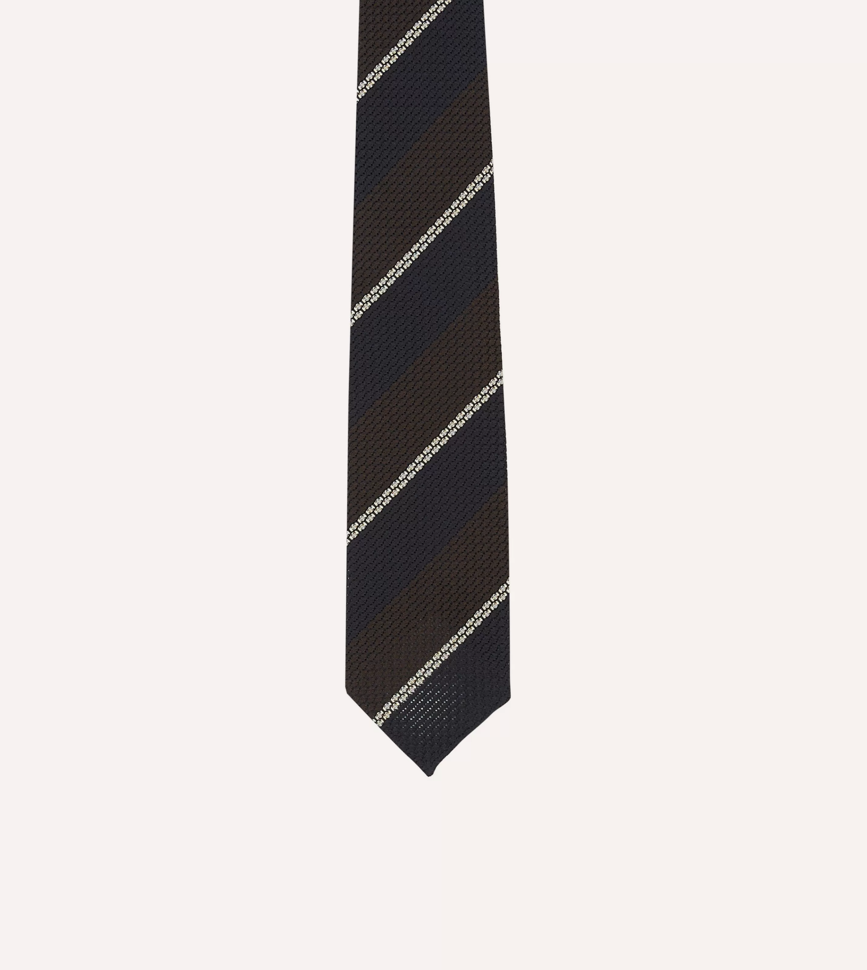 Drake’s Striped Ties | Navy, Brown And White Multi Stripe Hand Rolled Silk Grenadine Tie