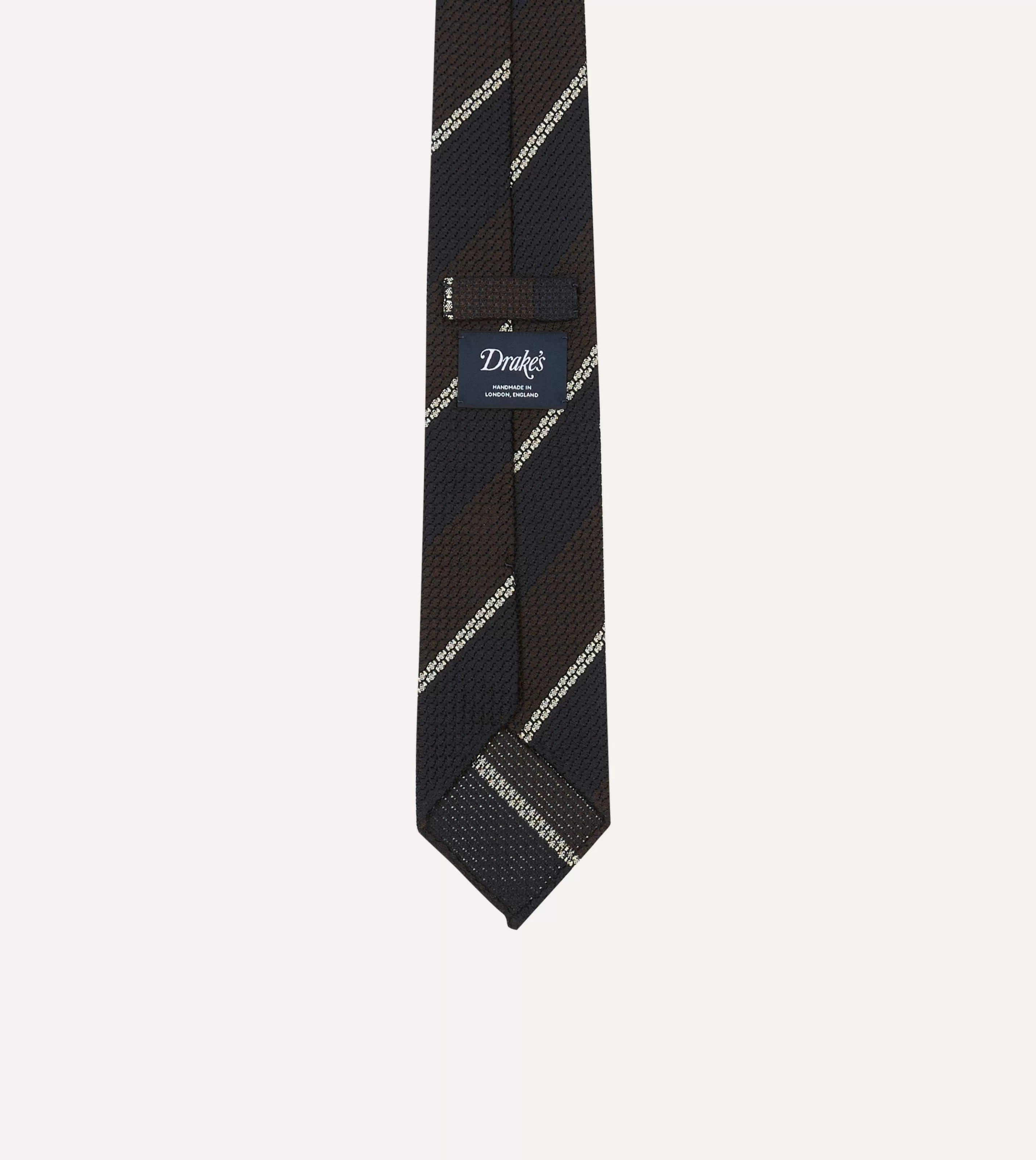 Drake’s Striped Ties | Navy, Brown And White Multi Stripe Hand Rolled Silk Grenadine Tie