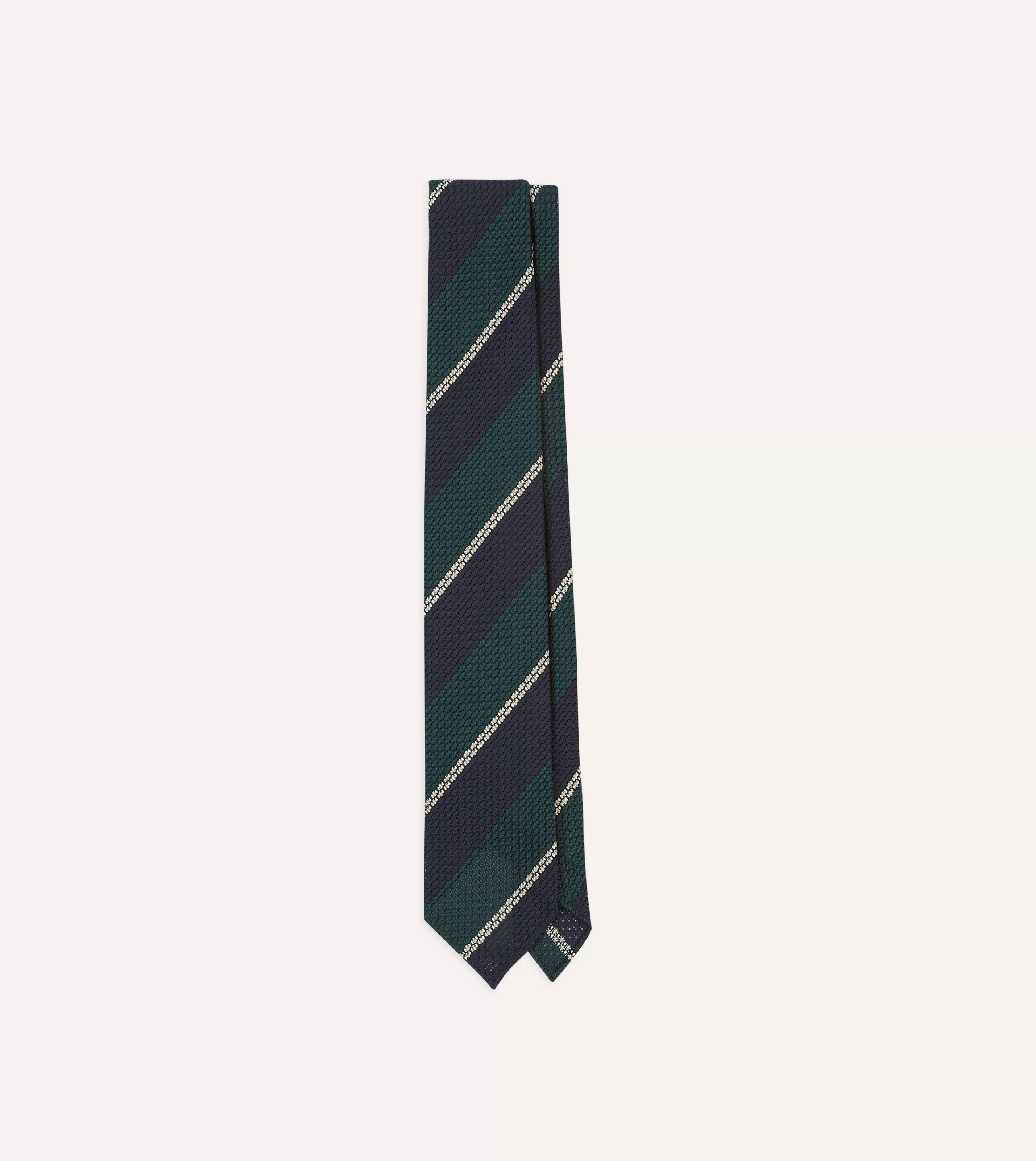 Drake’s Striped Ties | Navy, Green And White Multi Stripe Hand Rolled Silk Grenadine Tie
