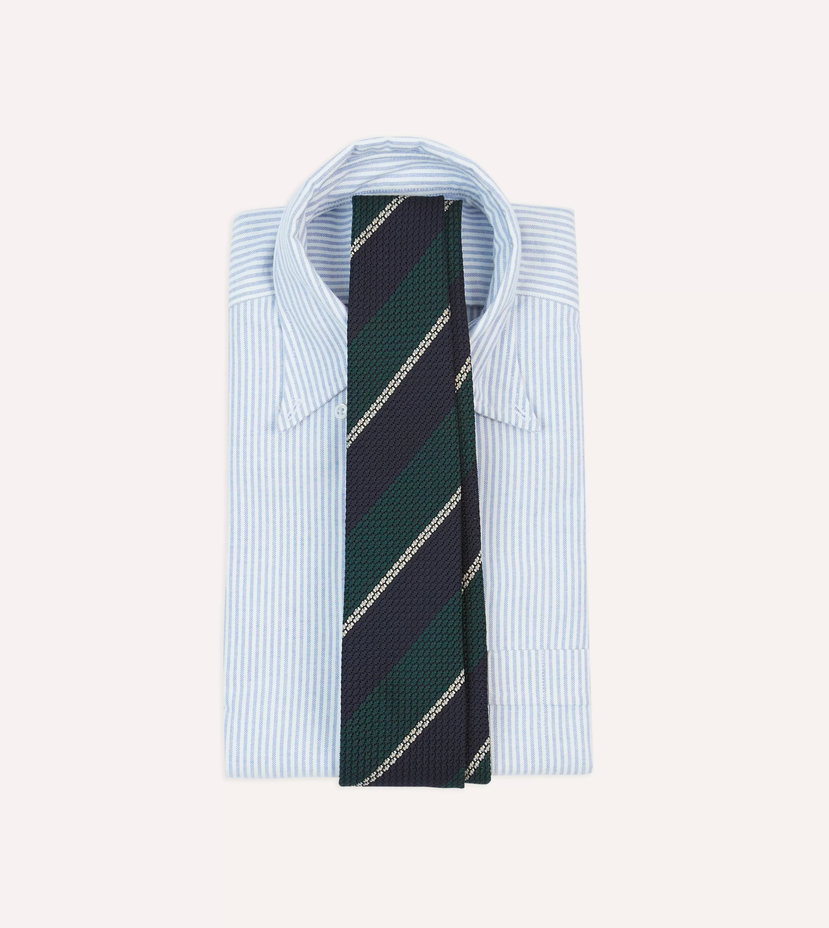 Drake’s Striped Ties | Navy, Green And White Multi Stripe Hand Rolled Silk Grenadine Tie