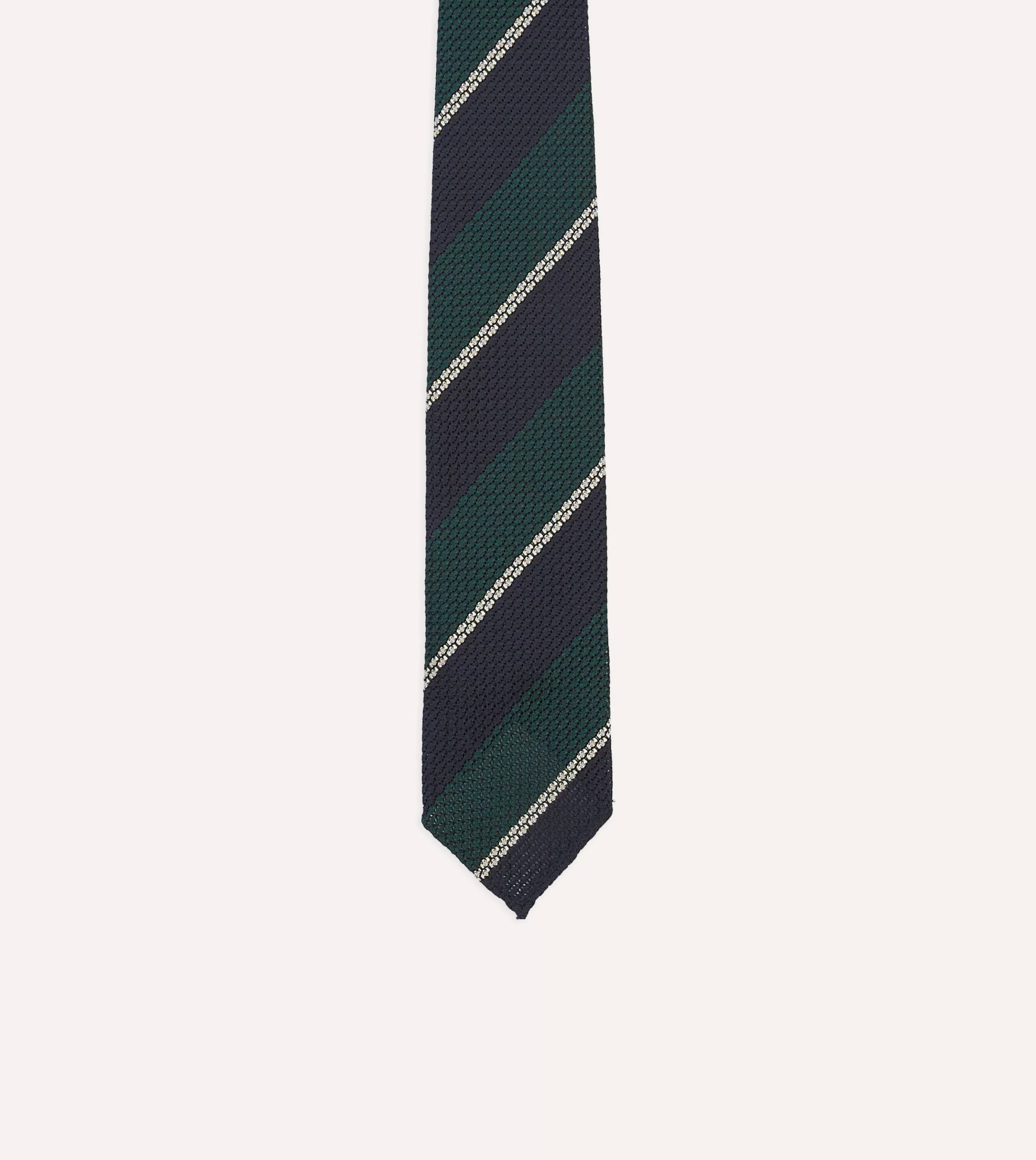 Drake’s Striped Ties | Navy, Green And White Multi Stripe Hand Rolled Silk Grenadine Tie
