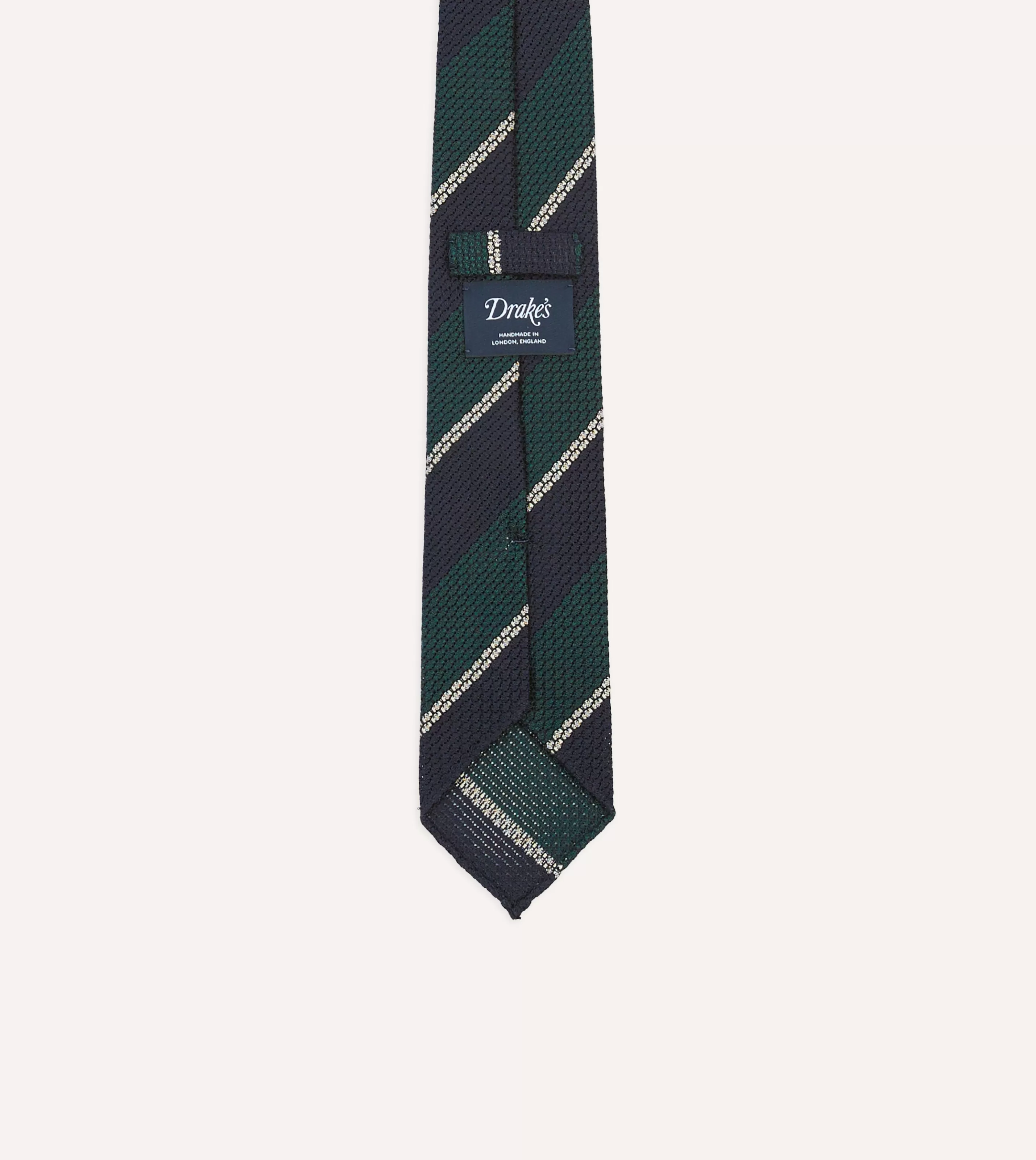 Drake’s Striped Ties | Navy, Green And White Multi Stripe Hand Rolled Silk Grenadine Tie
