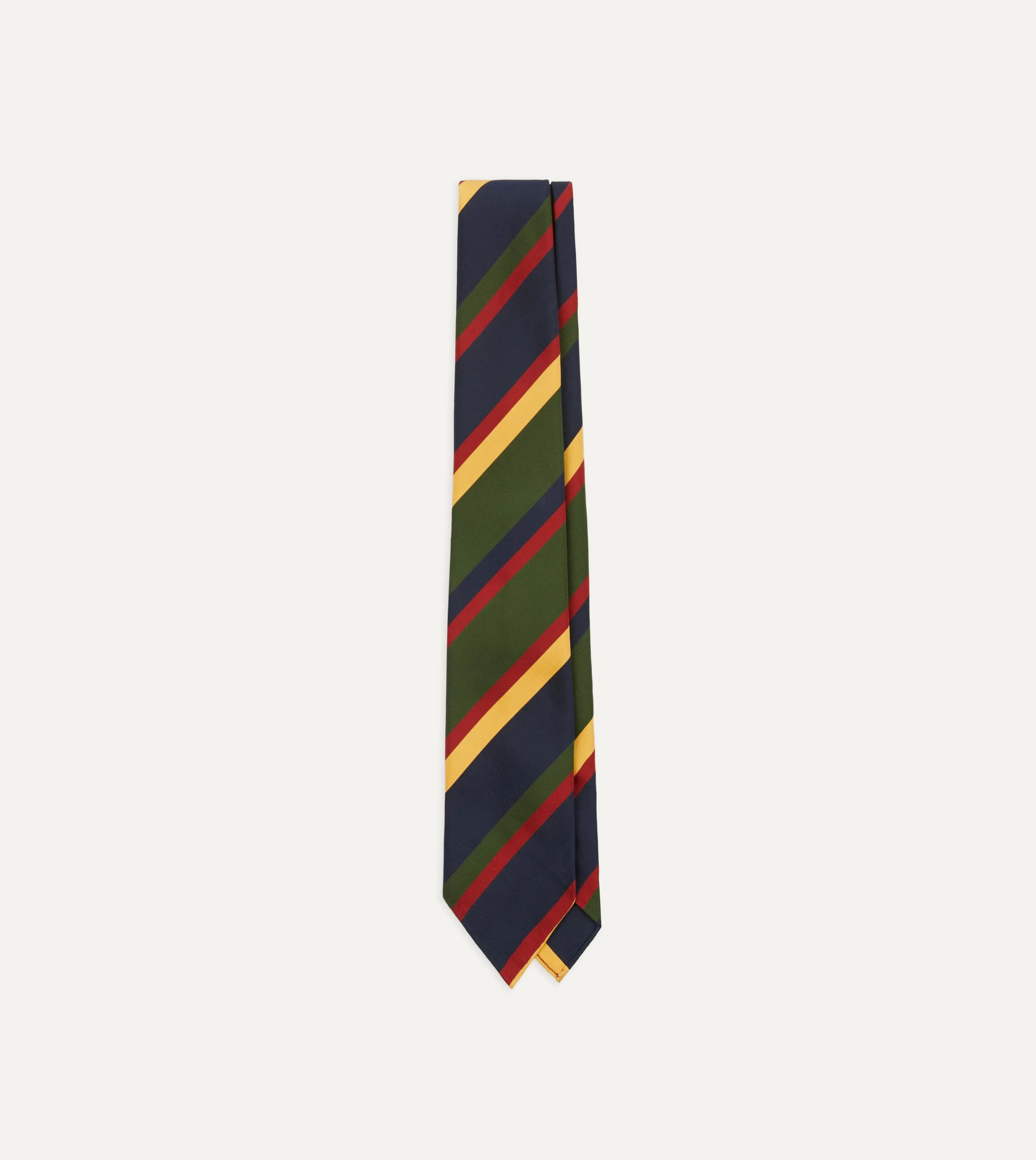 Drake’s Striped Ties | Navy, Red, Green And Yellow Stripe Silk Hand Rolled Tie