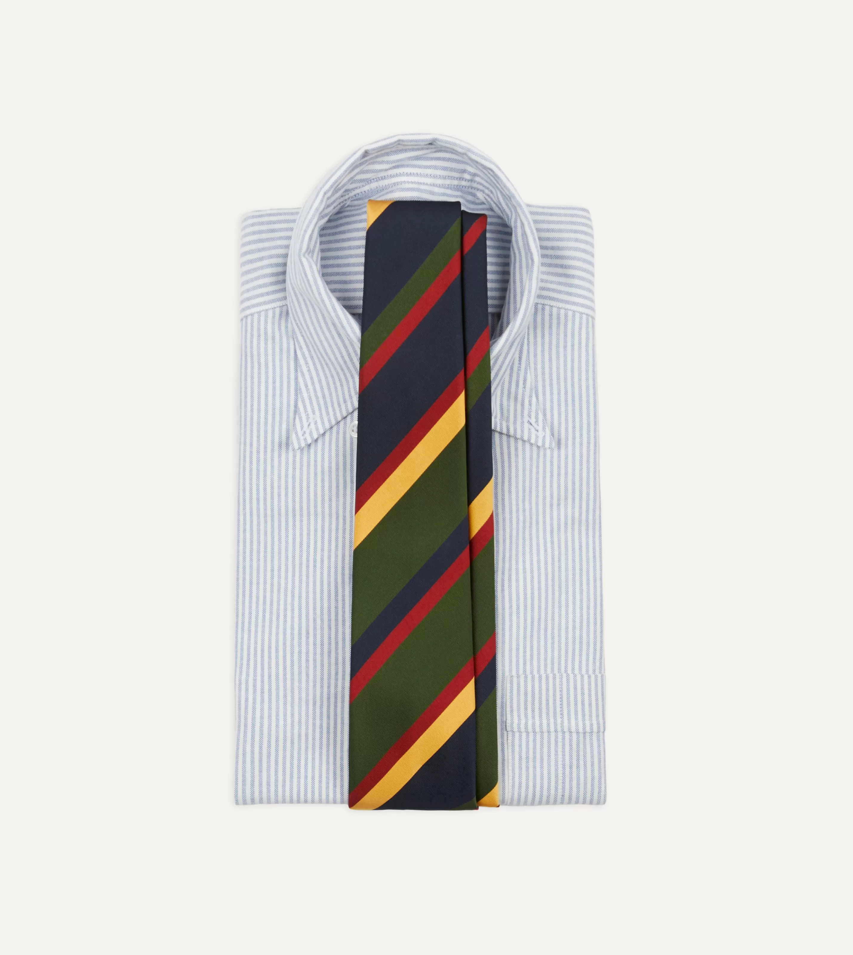 Drake’s Striped Ties | Navy, Red, Green And Yellow Stripe Silk Hand Rolled Tie