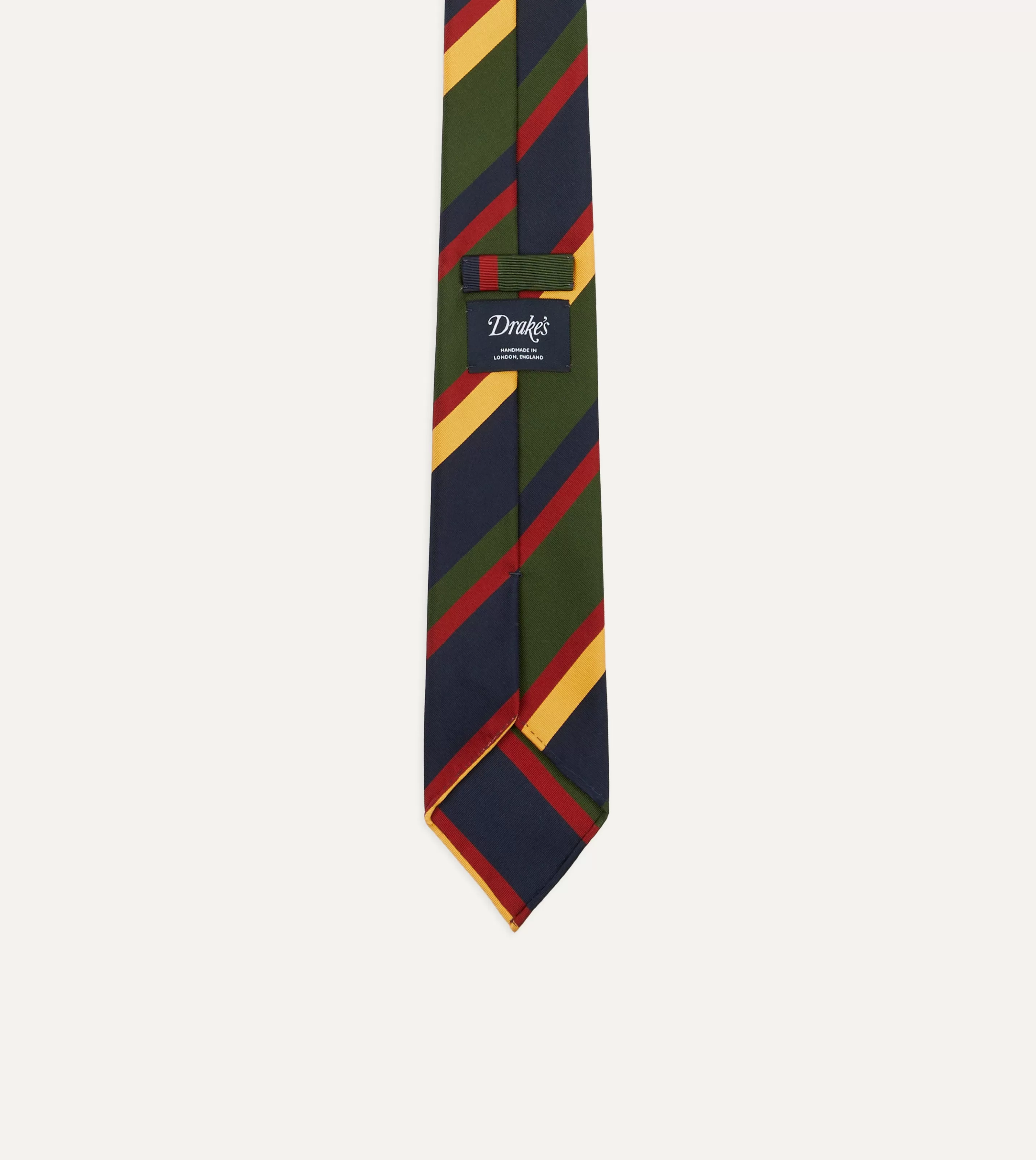 Drake’s Striped Ties | Navy, Red, Green And Yellow Stripe Silk Hand Rolled Tie