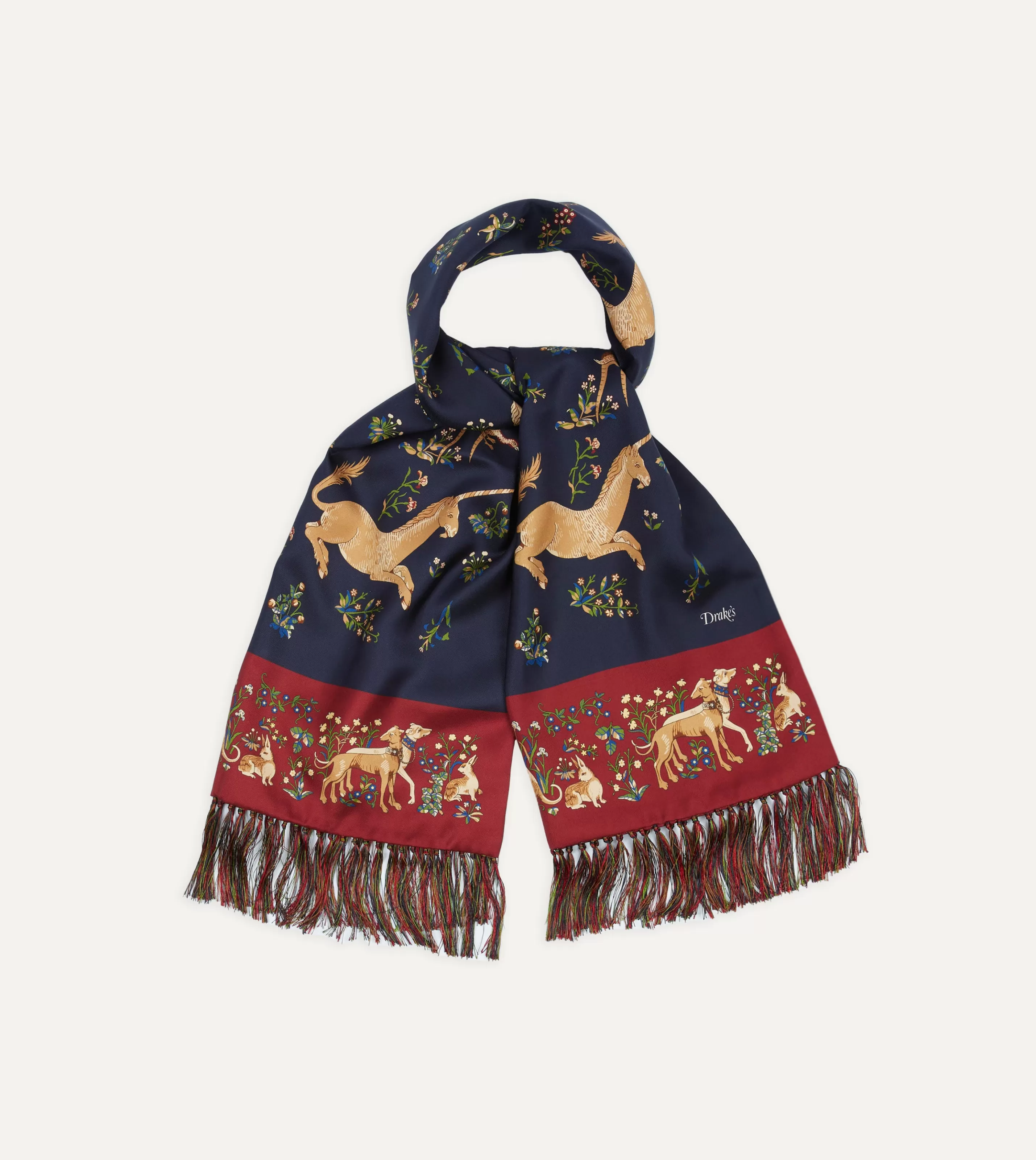 Drake’s Scarves | Scarves | Navy Unicorn Print Tubular Silk Tasselled Scarf