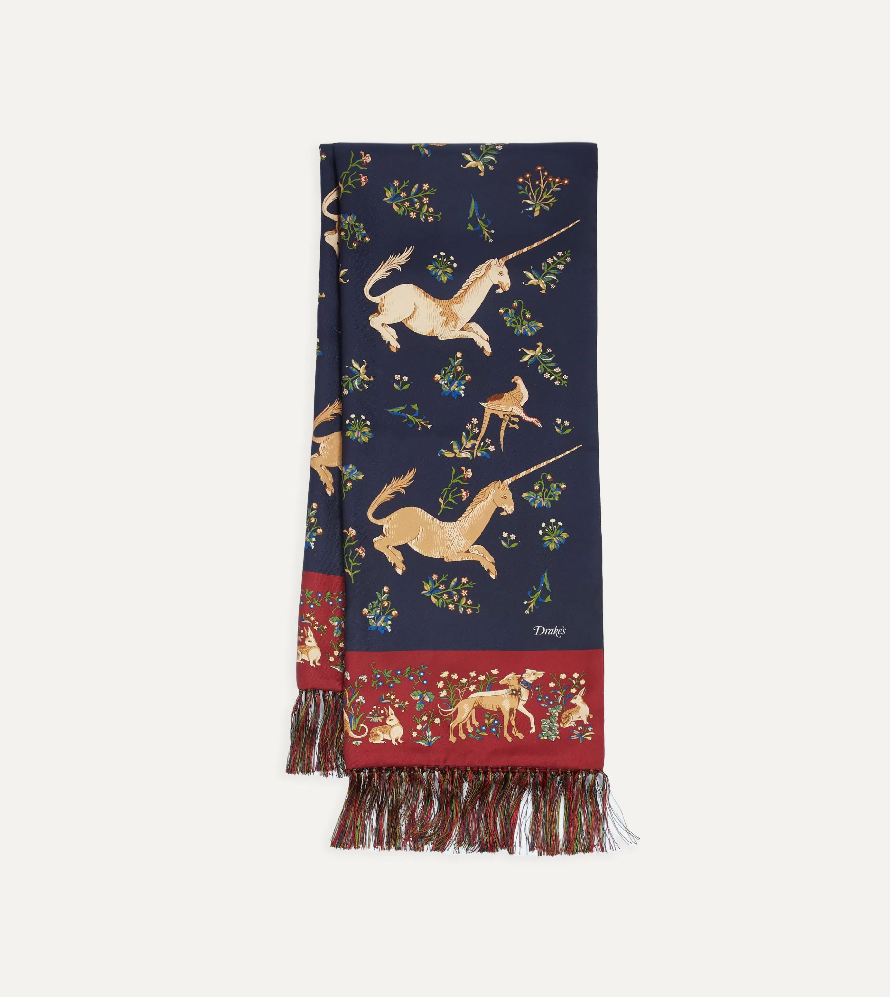 Drake’s Scarves | Scarves | Navy Unicorn Print Tubular Silk Tasselled Scarf