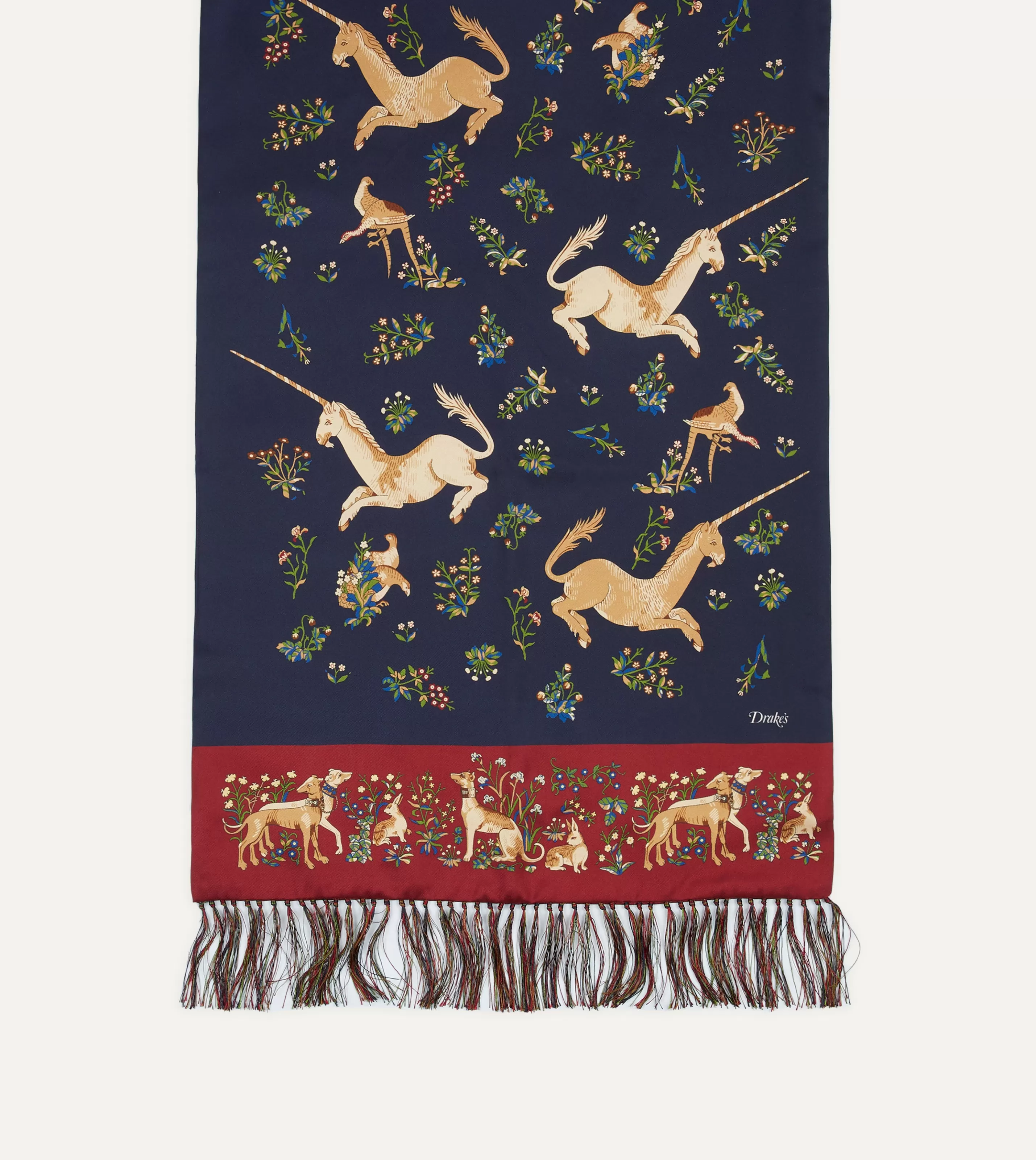 Drake’s Scarves | Scarves | Navy Unicorn Print Tubular Silk Tasselled Scarf