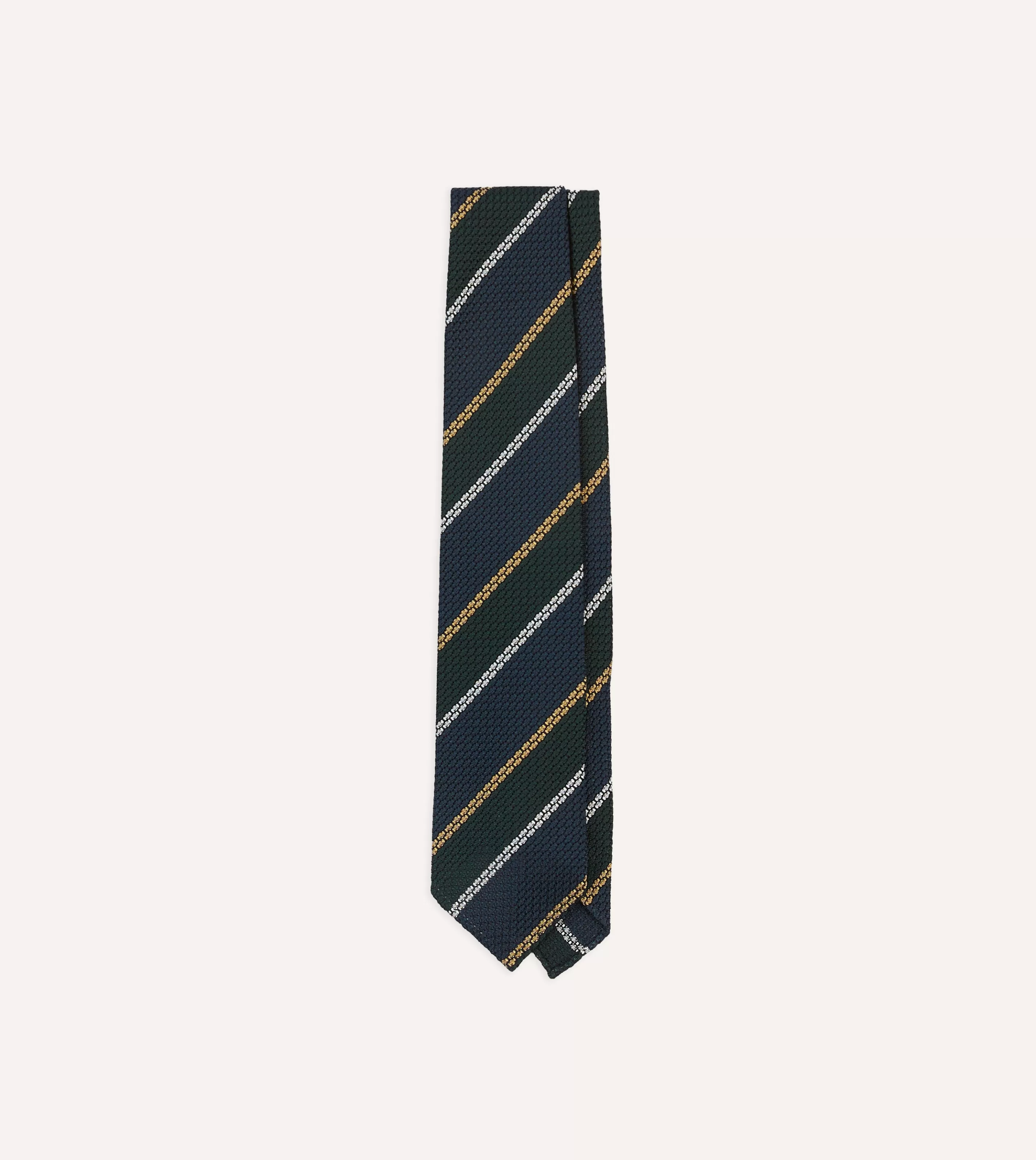 Drake’s Striped Ties | Navy, White And Green Stripe Hand Rolled Silk Grenadine Tie