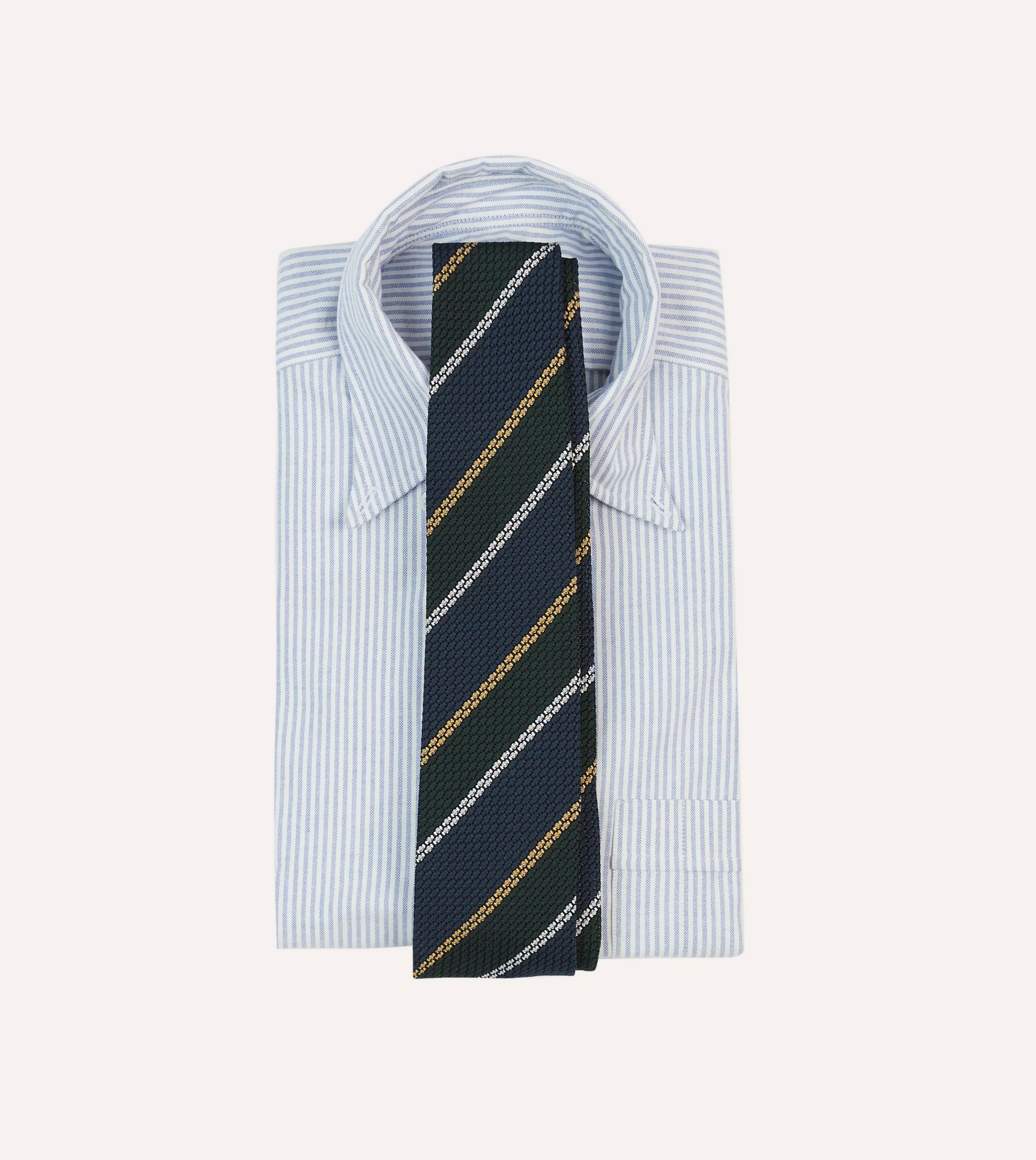 Drake’s Striped Ties | Navy, White And Green Stripe Hand Rolled Silk Grenadine Tie