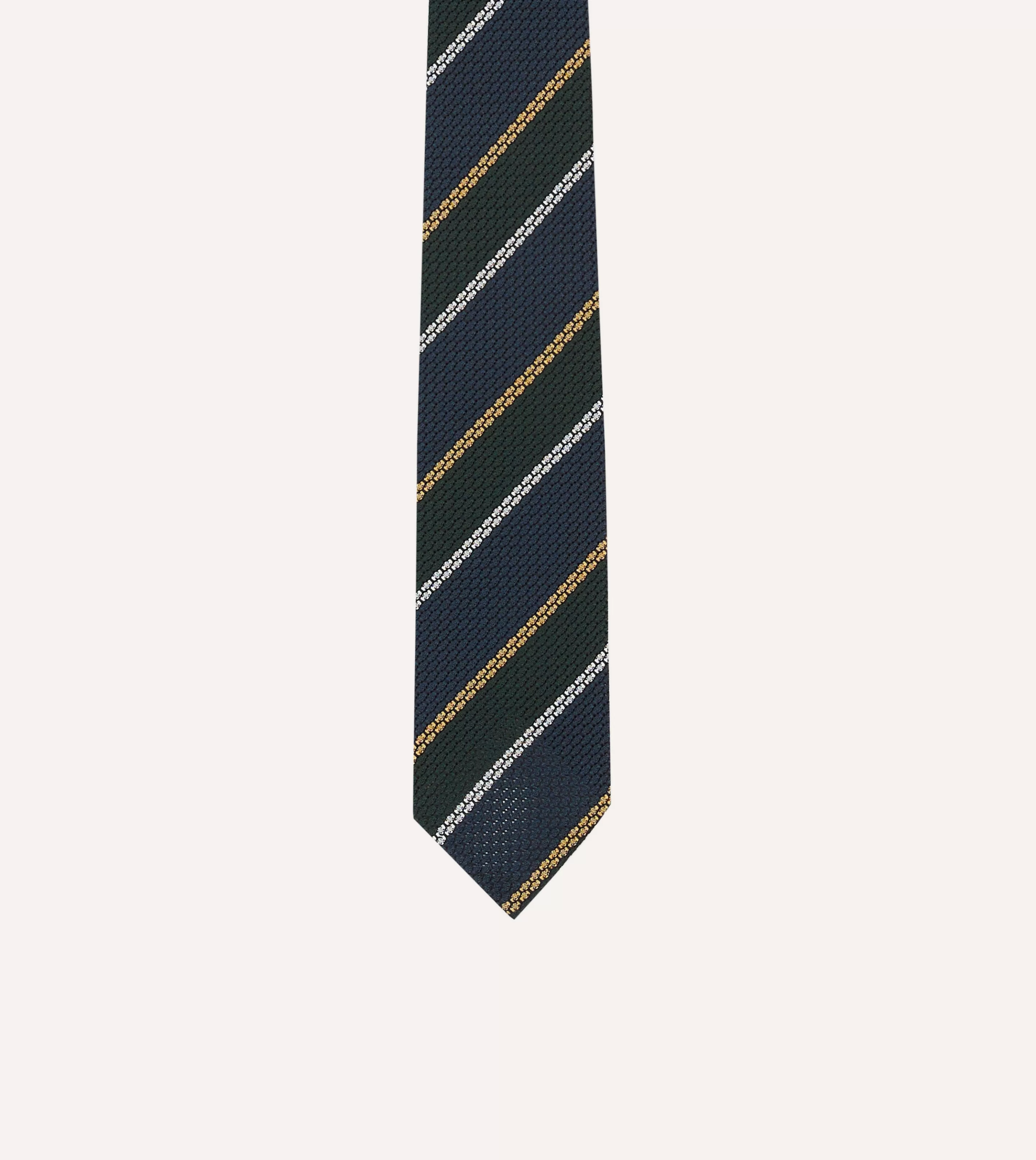Drake’s Striped Ties | Navy, White And Green Stripe Hand Rolled Silk Grenadine Tie
