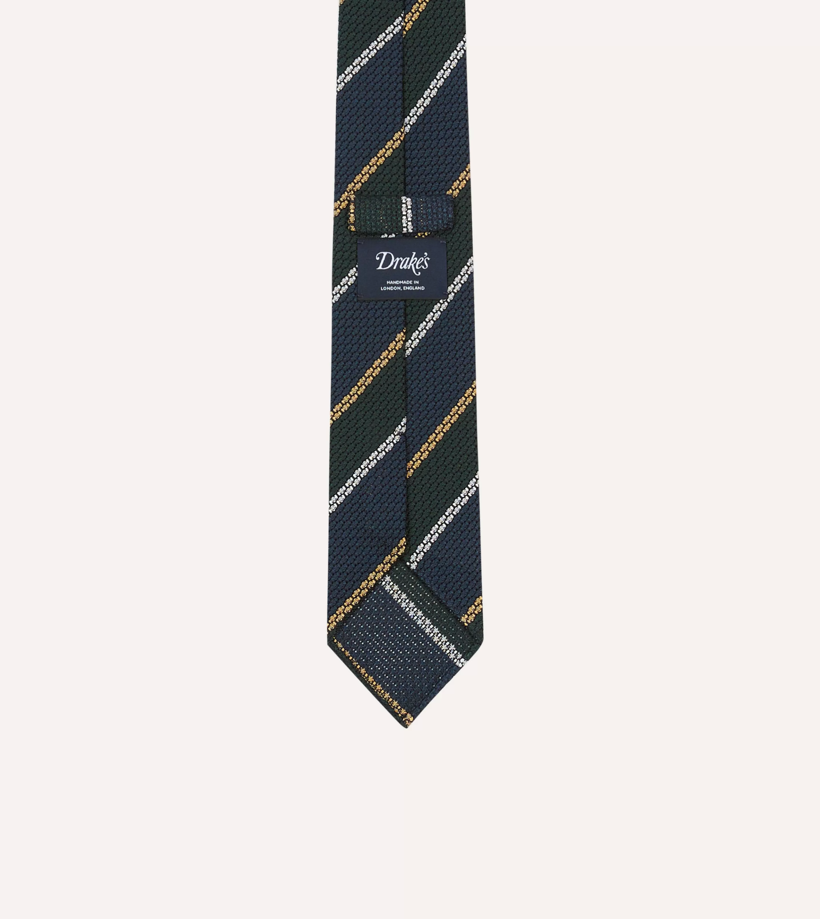 Drake’s Striped Ties | Navy, White And Green Stripe Hand Rolled Silk Grenadine Tie