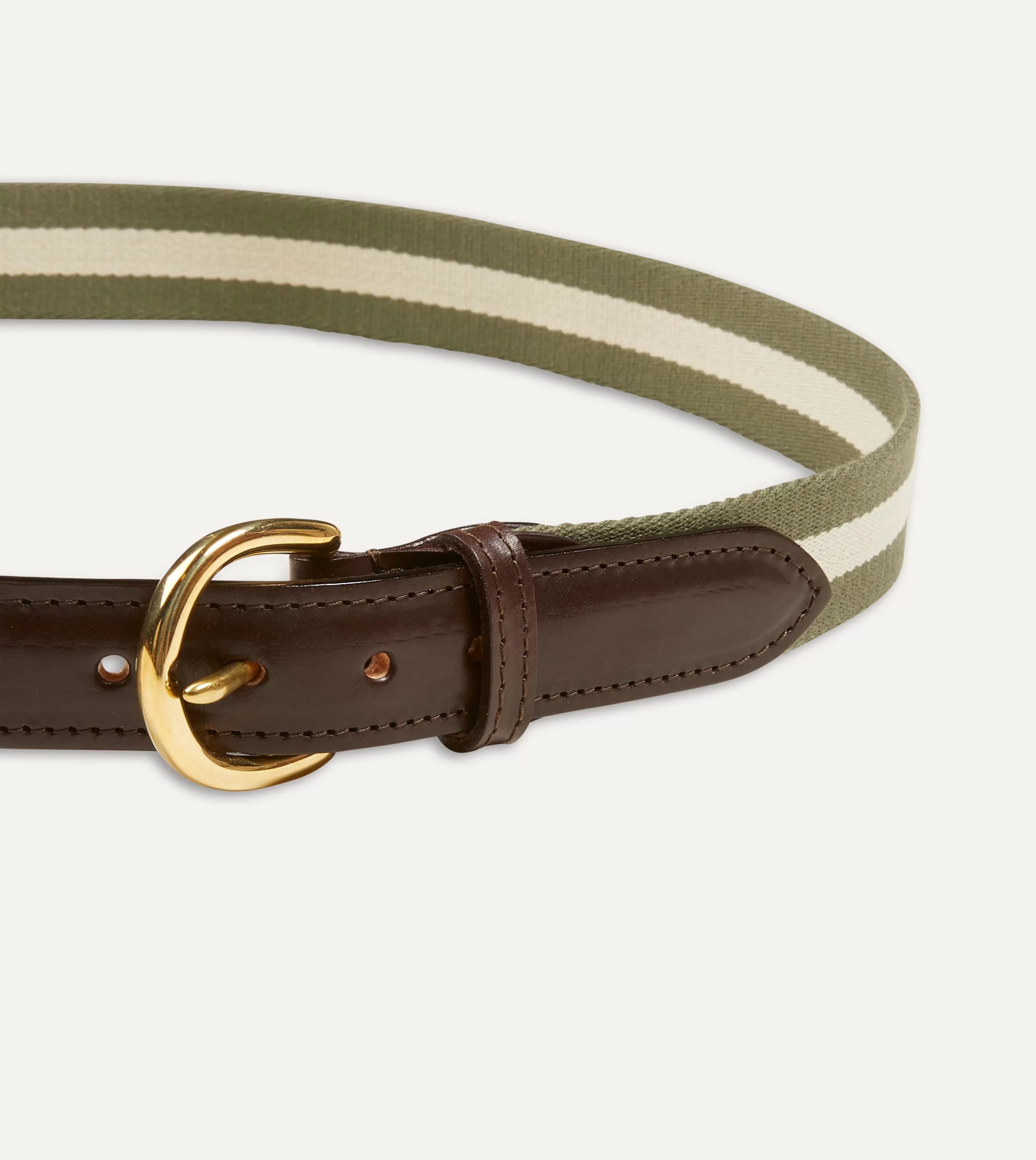 Drake’s Belts | Belts | Olive And Ecru Stripe Webbing And Leather Belt With Brass Buckle